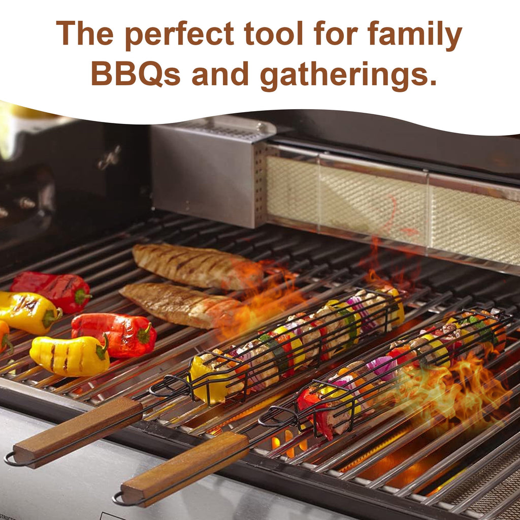 Grill Basket for Outdoor BBQ, Stainless Steel Rolling Grill Basket with Wooden Handle, Vegetable & Meat Grilling Basket for Charcoal and Gas Grill