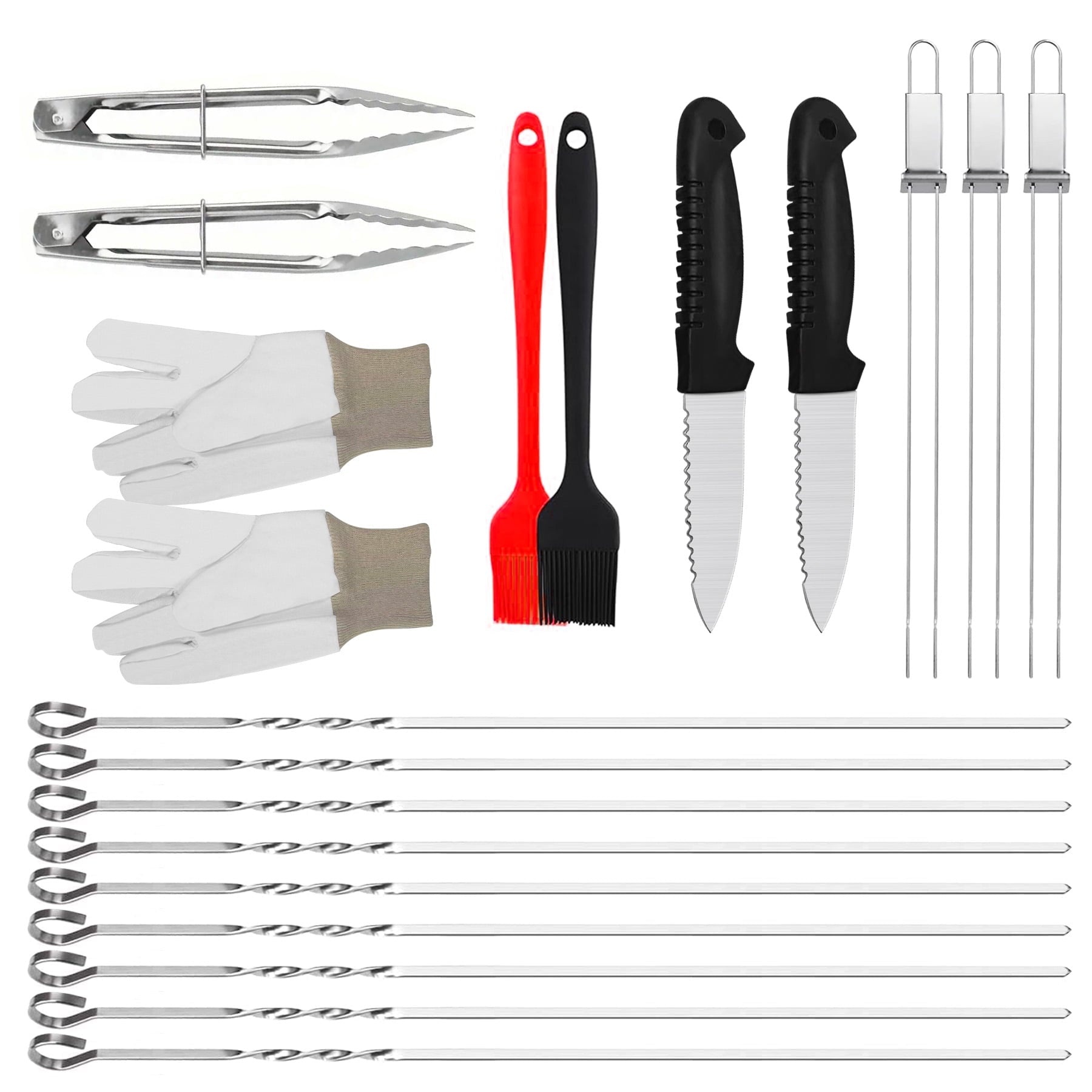 20-Piece BBQ Grill Accessories Set, Stainless Steel Skewers, Tongs, Grill Knives, Silicone Basting Brushes and Gloves for Outdoor Camping