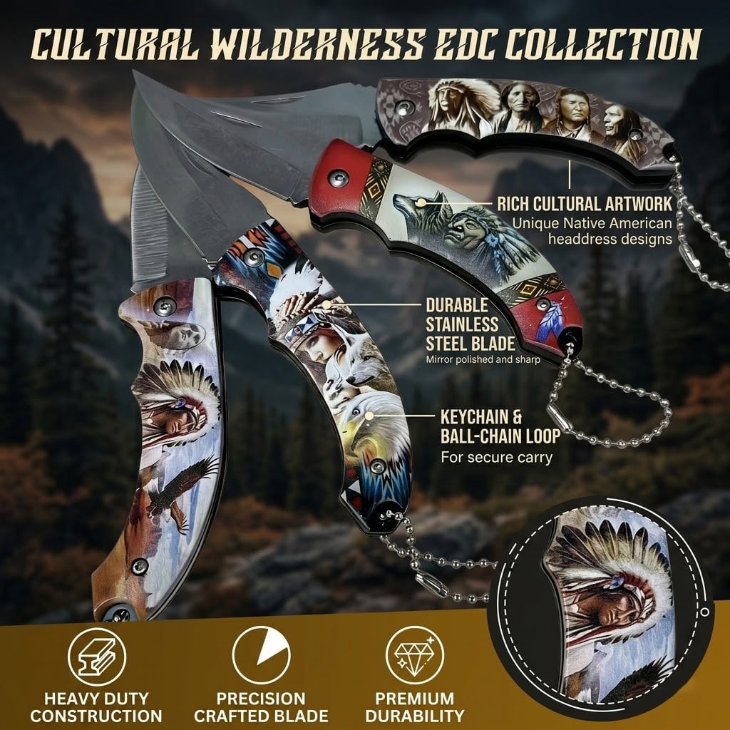 ATISEN Native American Art Folding Knife Set, Multicolor, 4 Count