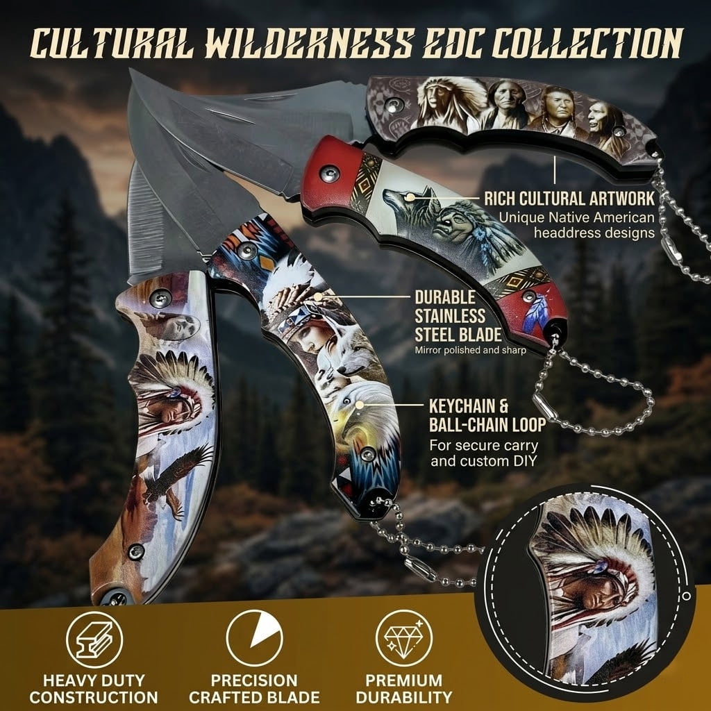 ATISEN Native American Art Folding Knife Set, Multicolor, 4 Count