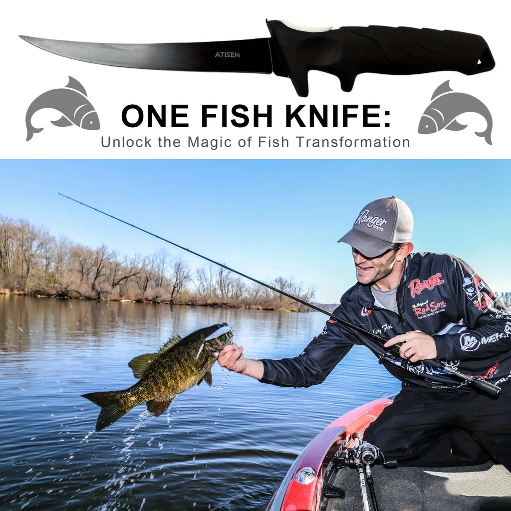 ATISEN Fillet Knife 7-inch Stainless Steel Blade, Full Tang, Protective Cover & Sharpener, Set of 2 (Black)