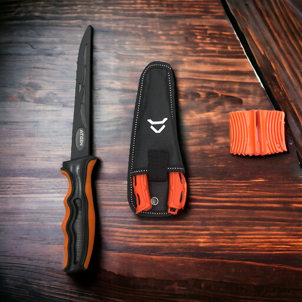 ATISEN Stainless Steel Multi-Function Fishing Pliers 3-Piece Kit with 4-Inch Fillet Knife, Sharpener, Sheath
