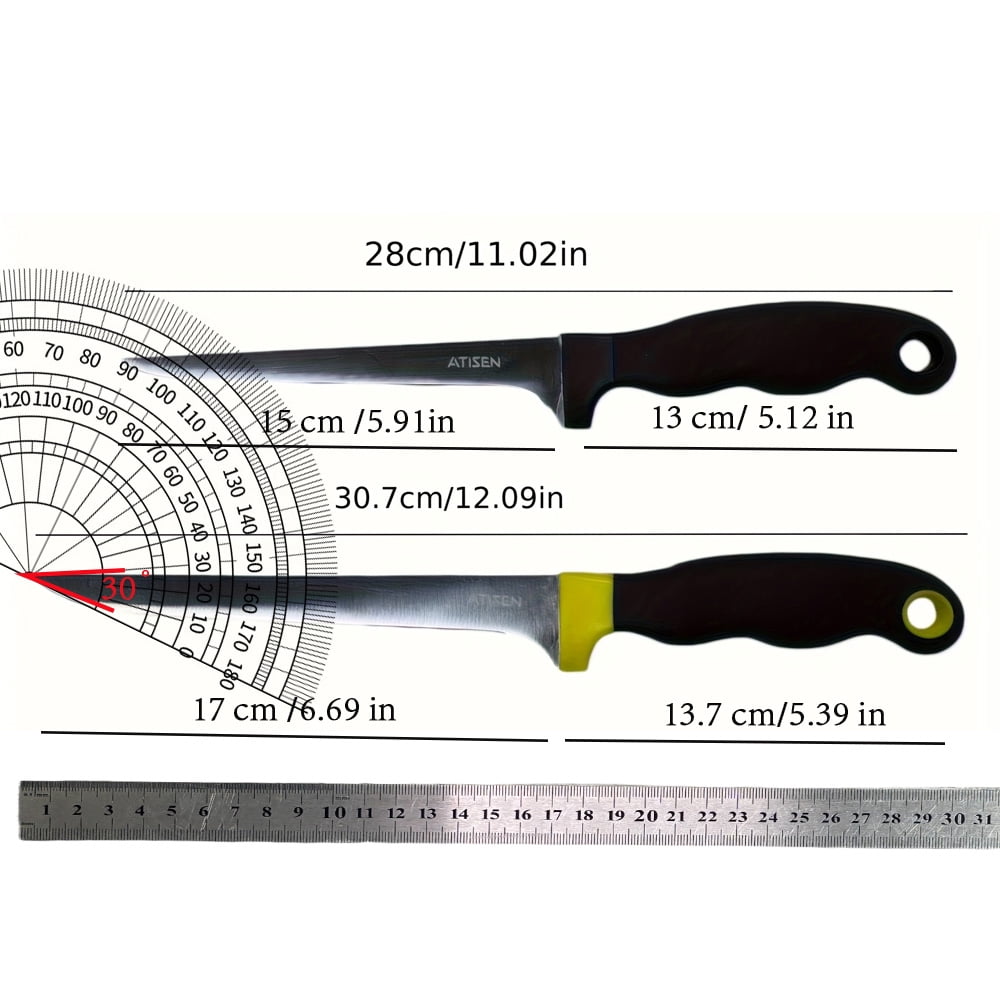 ATISEN 5-Piece Fish Fillet Knife Set with 2 Stainless Steel Fishing Knives, Protective Sheath, Sharpener and Cleaning Towel, Black/Yellow