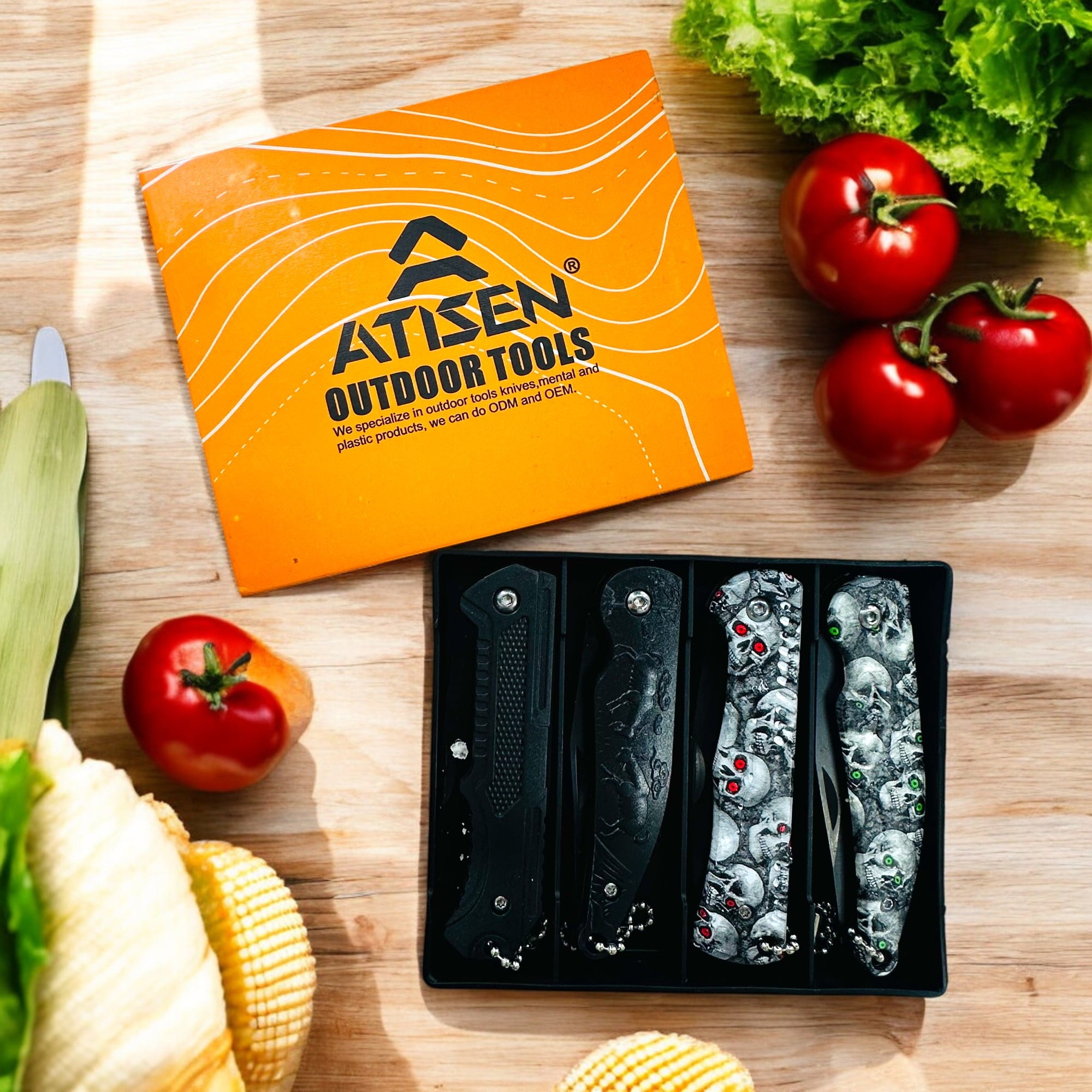 ATISEN 4PCS Pocket Knives Red & Green-Eyed Skull Designs, 6.22in, Lightweight & Portable