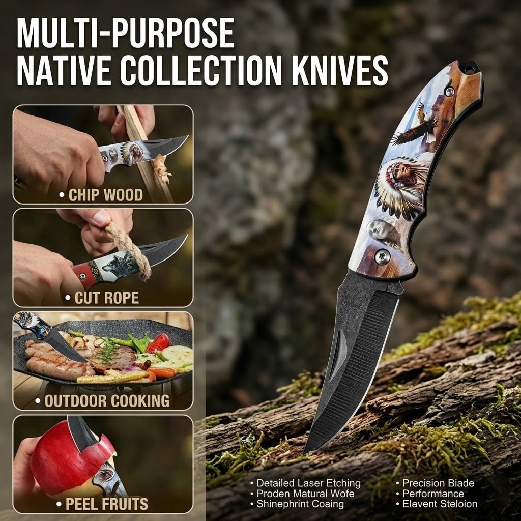 ATISEN Native American Art Folding Knife Set, Multicolor, 4 Count
