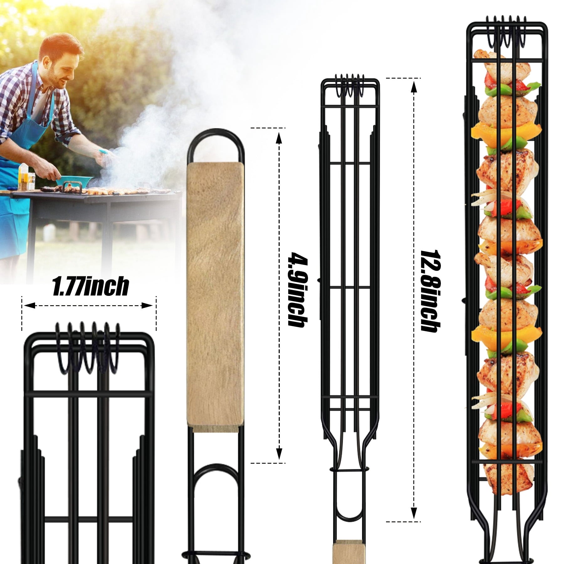 Grill Basket for Outdoor BBQ, Stainless Steel Rolling Grill Basket with Wooden Handle, Vegetable & Meat Grilling Basket for Charcoal and Gas Grill