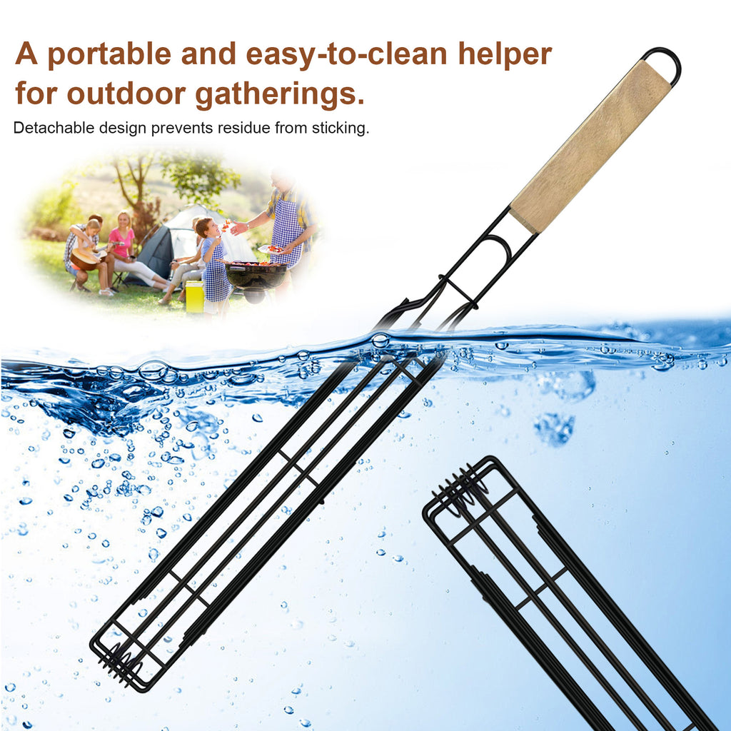 Grill Basket for Outdoor BBQ, Stainless Steel Rolling Grill Basket with Wooden Handle, Vegetable & Meat Grilling Basket for Charcoal and Gas Grill