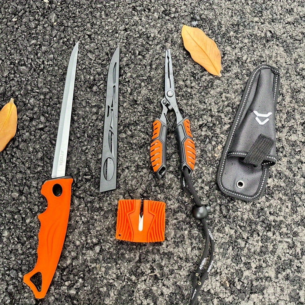 ATISEN 5PC Professional Fishing Tool Set 11.53in Combo with 5.82in Fillet Knife, Pliers & Sharpener