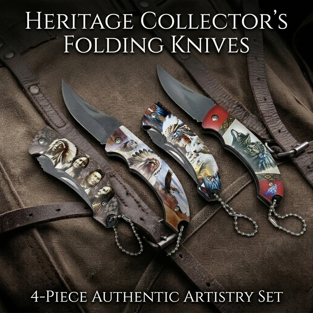 ATISEN Native American Art Folding Knife Set, Multicolor, 4 Count