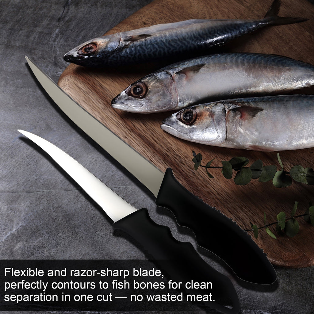 ATISEN 2-Piece Fish Fillet Knife Set, Flexible Stainless Steel Fishing Knives with Non-Slip Handles for Filleting, Boning and Fish Cleaning, Black