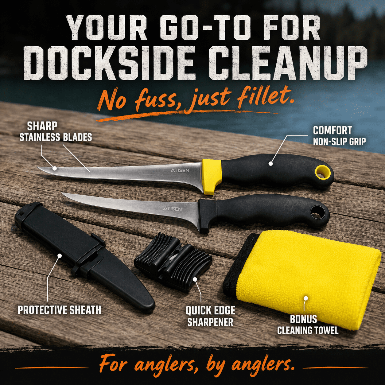 ATISEN 5-Piece Fish Fillet Knife Set with 2 Stainless Steel Fishing Knives, Protective Sheath, Sharpener and Cleaning Towel, Black/Yellow