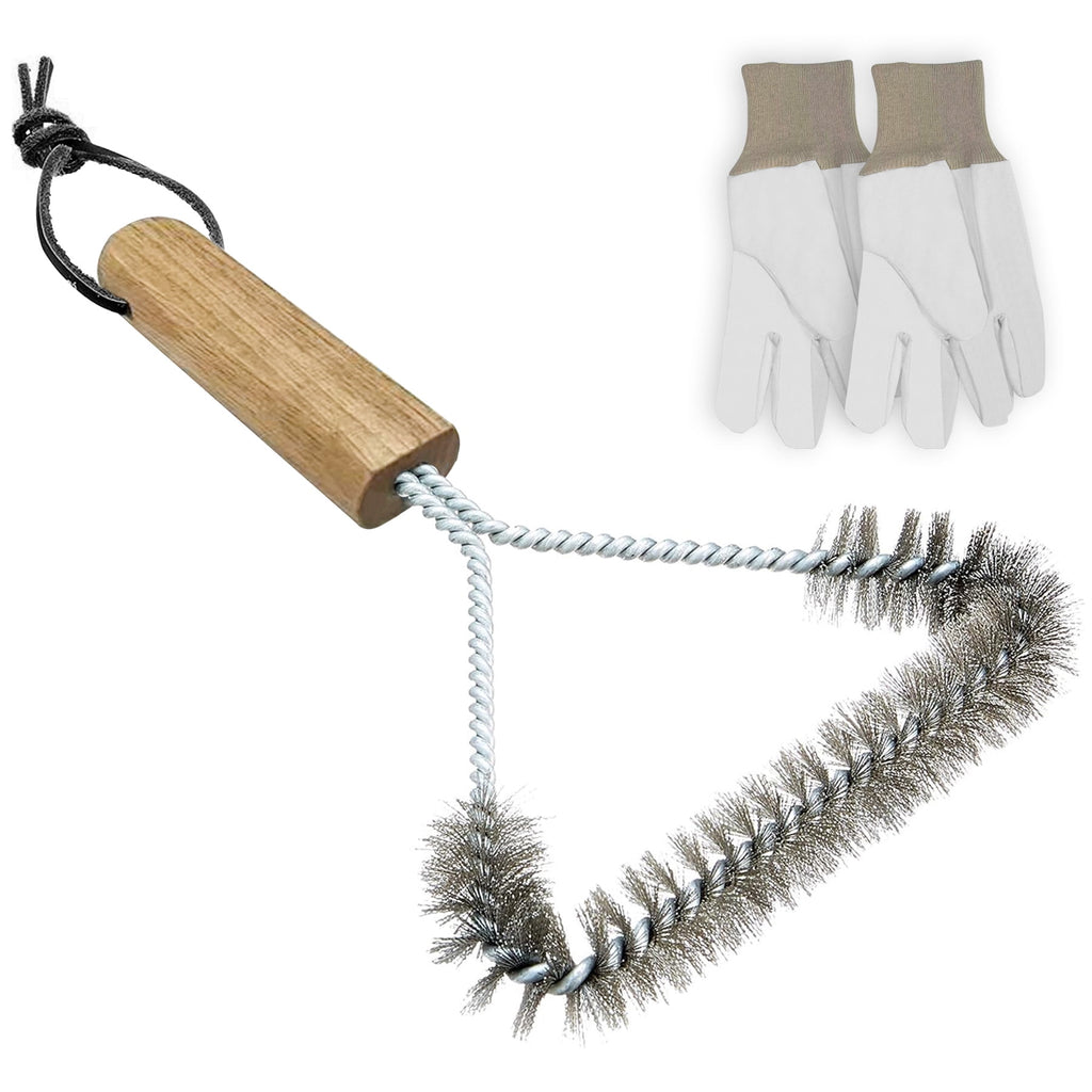 BBQ Grill Brush with 1 Pair Grilling Gloves, Metal Wire Grill Grate Cleaner with Wooden Handle and Hanging Loop for Outdoor Grills