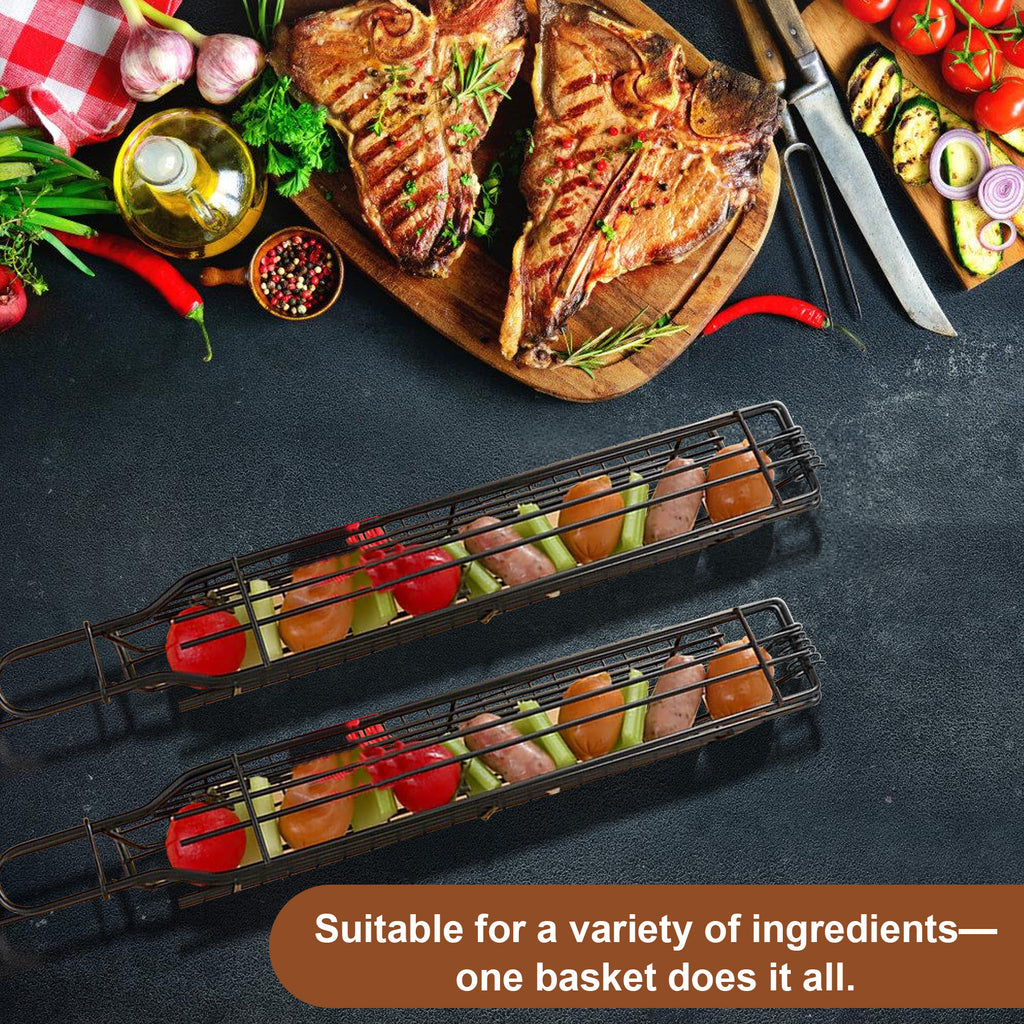 Grill Basket for Outdoor BBQ, Stainless Steel Rolling Grill Basket with Wooden Handle, Vegetable & Meat Grilling Basket for Charcoal and Gas Grill