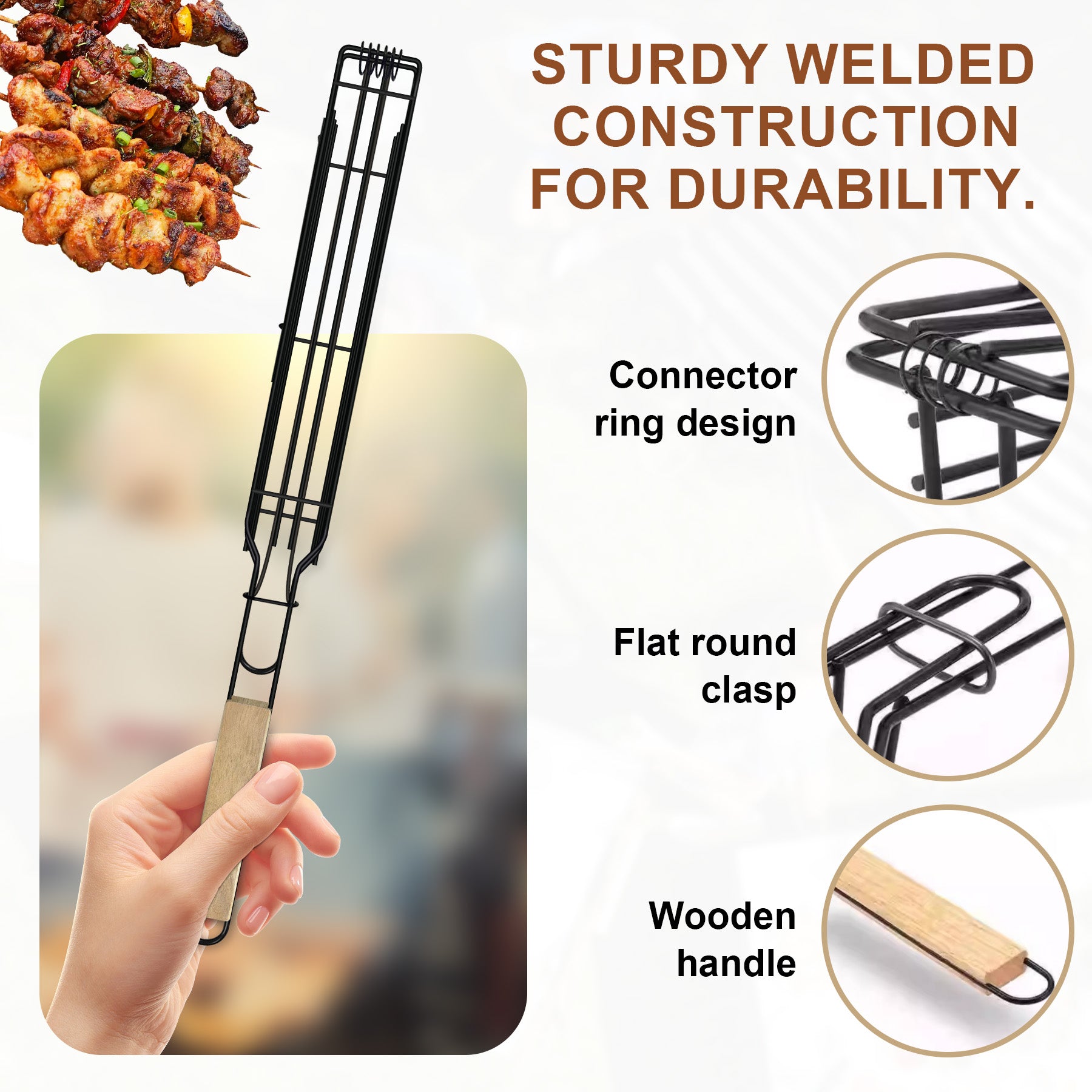 Grill Basket for Outdoor BBQ, Stainless Steel Rolling Grill Basket with Wooden Handle, Vegetable & Meat Grilling Basket for Charcoal and Gas Grill