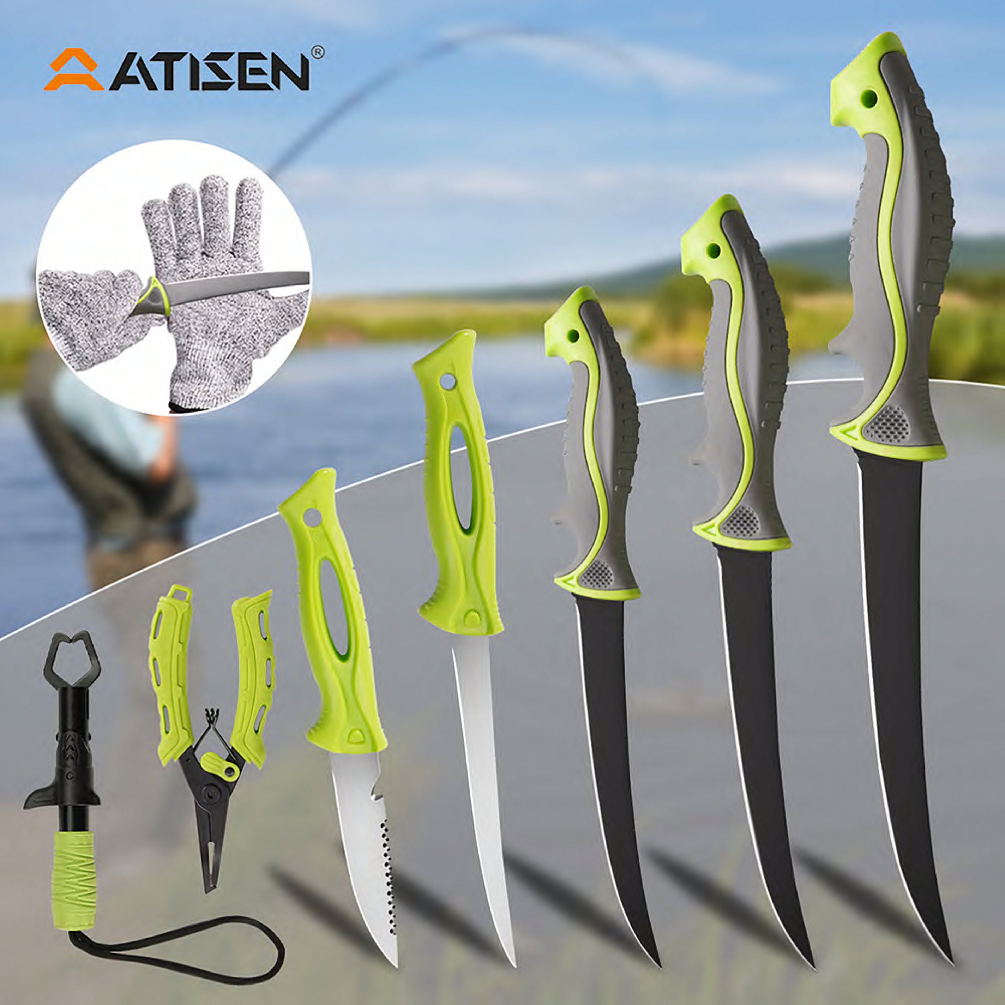 Atisen blister packaged fishing knife combo with sheath. Bulk B2B retail fishing gear supplier for European market.