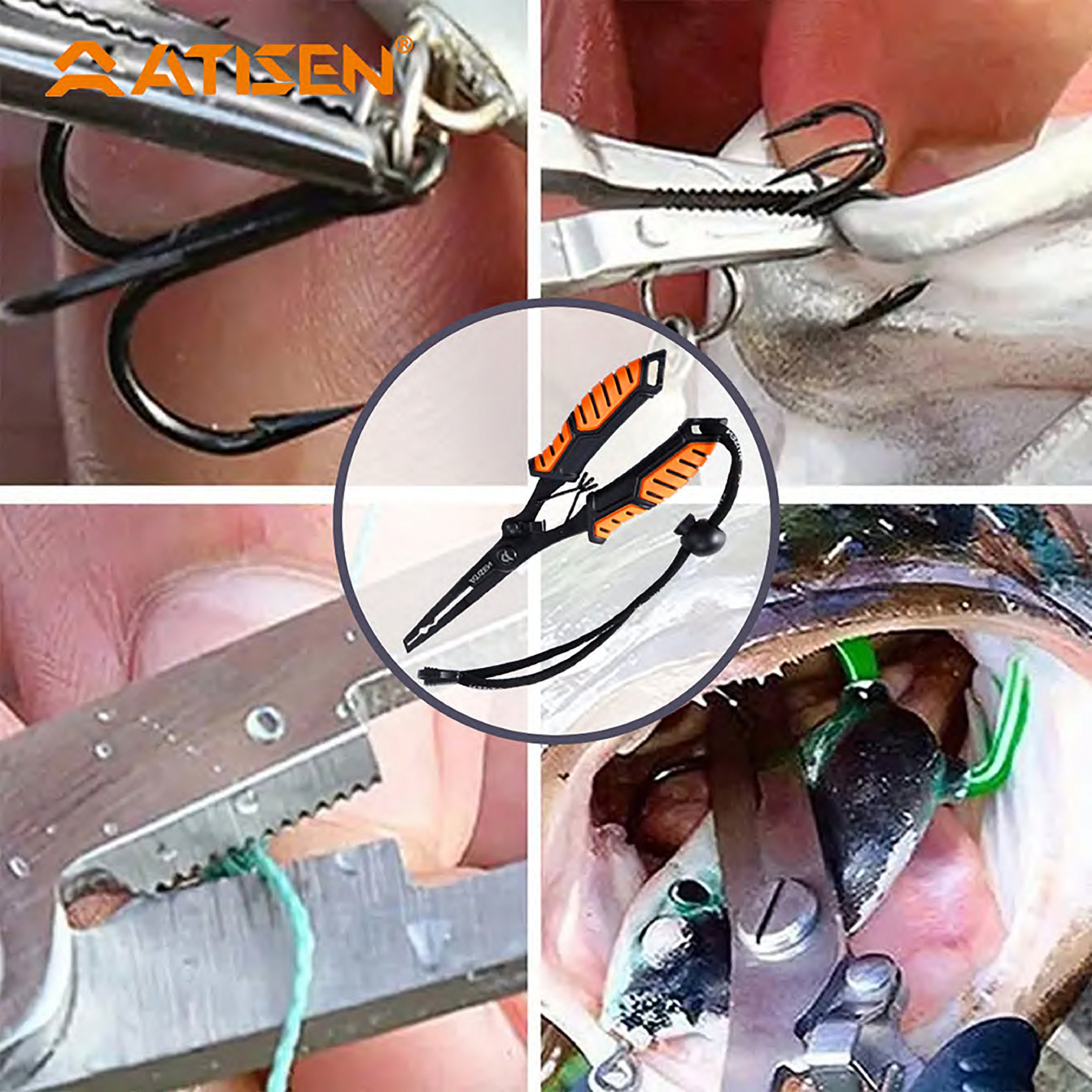Atisen bulk fishing knife set in retail display bucket. Wholesale marine accessories for USA Amazon sellers and retail shops.