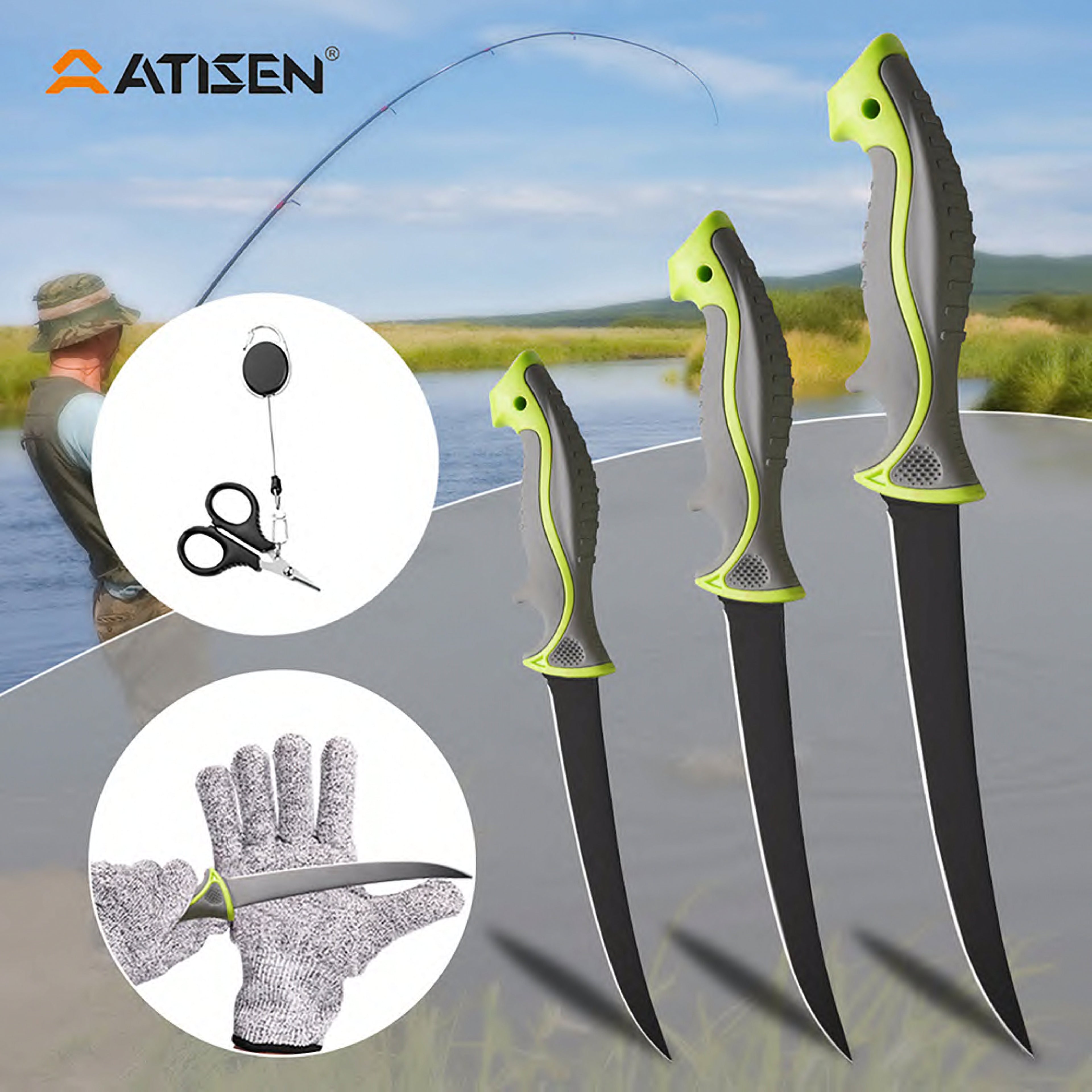 Atisen fishing fillet knife and plastic cutting board combo. Bulk professional fishing gear for New Zealand market.