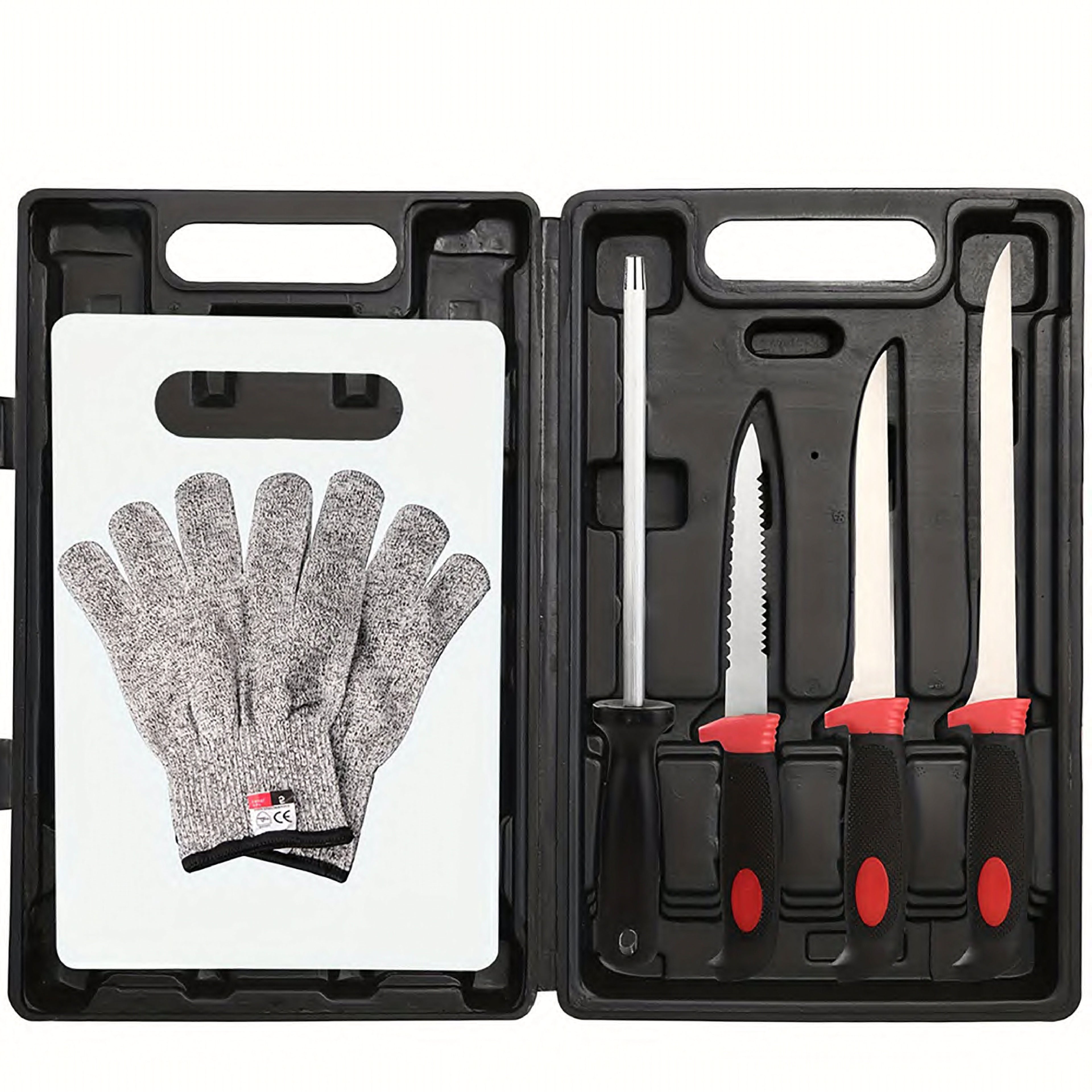 Atisen fishing knife set with dual-grit sharpener and safety sheath. Bulk camping and fishing supplies for Chile.