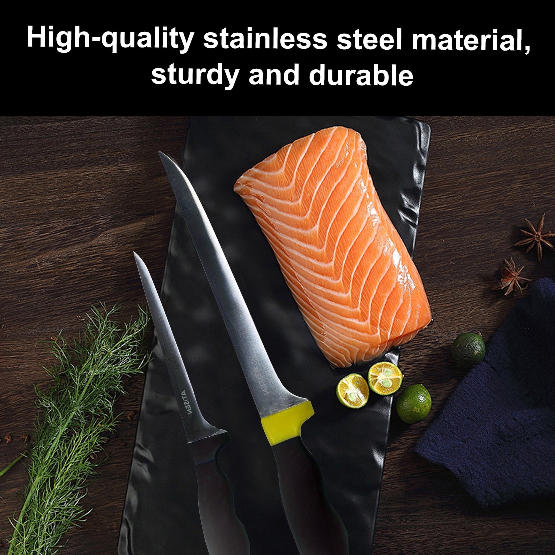 ATISEN 5-Piece Fish Fillet Knife Set with 2 Stainless Steel Fishing Knives, Protective Sheath, Sharpener and Cleaning Towel, Black/Yellow