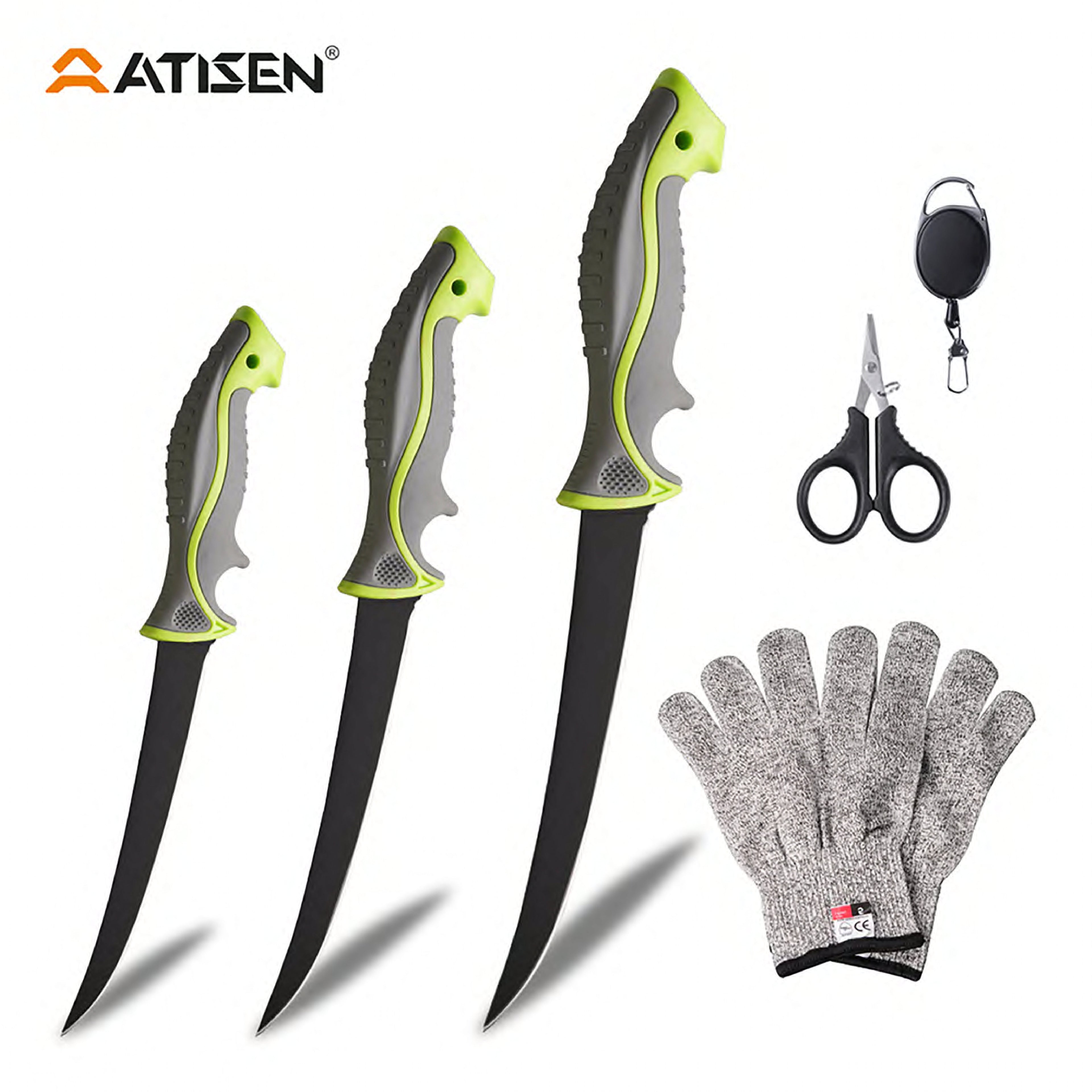 Atisen durable commercial seafood processing knife set. Bulk fishing industry tools manufacturer for Brazil.