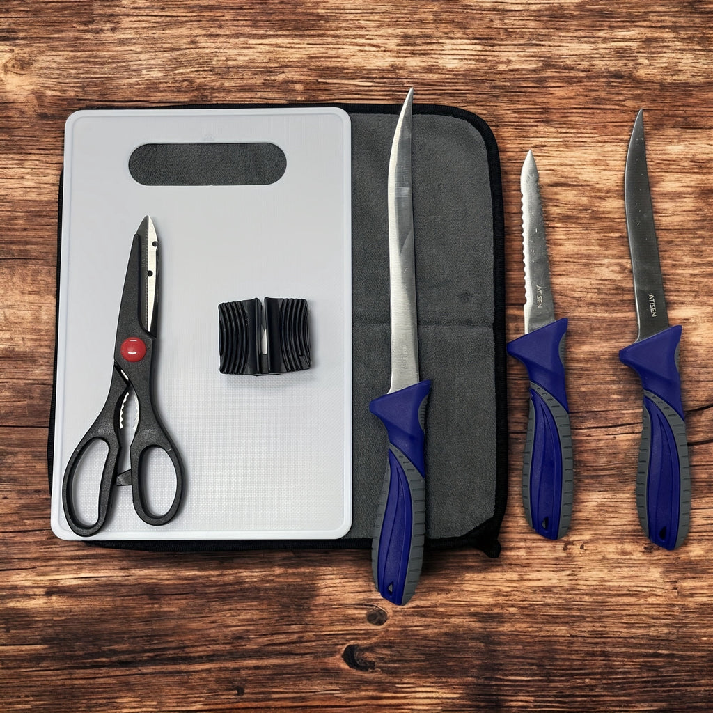 ATISEN 7-Piece Fish Fillet Knife Set, Stainless Steel Knives, Scissors, Cutting Board, Towel & Bag