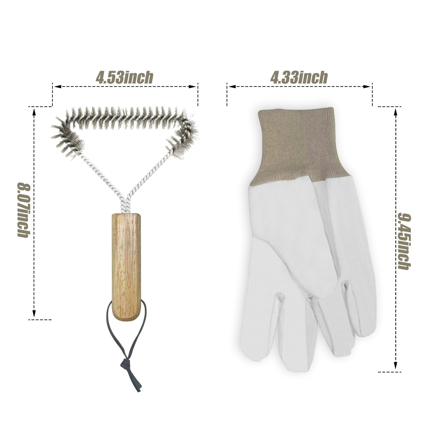 BBQ Grill Brush with 1 Pair Grilling Gloves, Metal Wire Grill Grate Cleaner with Wooden Handle and Hanging Loop for Outdoor Grills