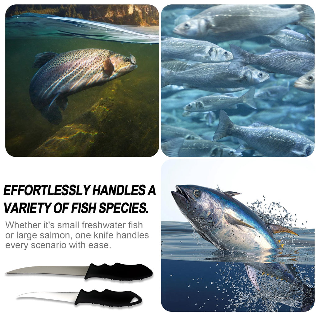 ATISEN 2-Piece Fish Fillet Knife Set, Flexible Stainless Steel Fishing Knives with Non-Slip Handles for Filleting, Boning and Fish Cleaning, Black