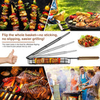 Grill Basket for Outdoor BBQ, Stainless Steel Rolling Grill Basket with Wooden Handle, Vegetable & Meat Grilling Basket for Charcoal and Gas Grill