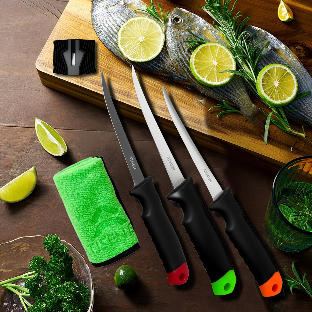 ATISEN Fishing Fillet Knife Set, Stainless Steel Blade, Ergonomic Handle, 6 Inch Blade, 5-Piece Set