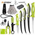 Atisen fish processing knife set with cut-proof safety glove and shears. Factory direct fishing tools for Canadian retailers.