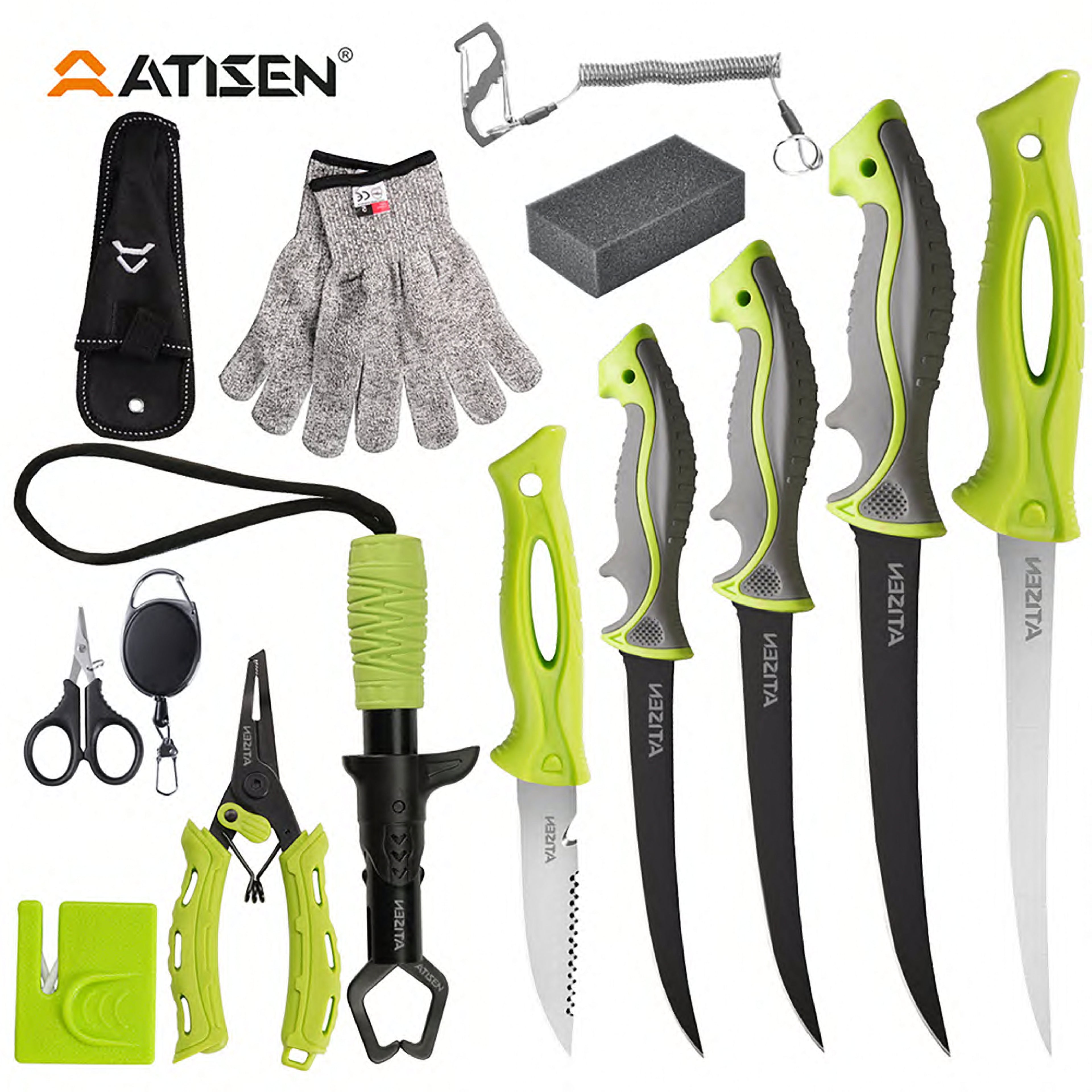 Atisen fish processing knife set with cut-proof safety glove and shears. Factory direct fishing tools for Canadian retailers.