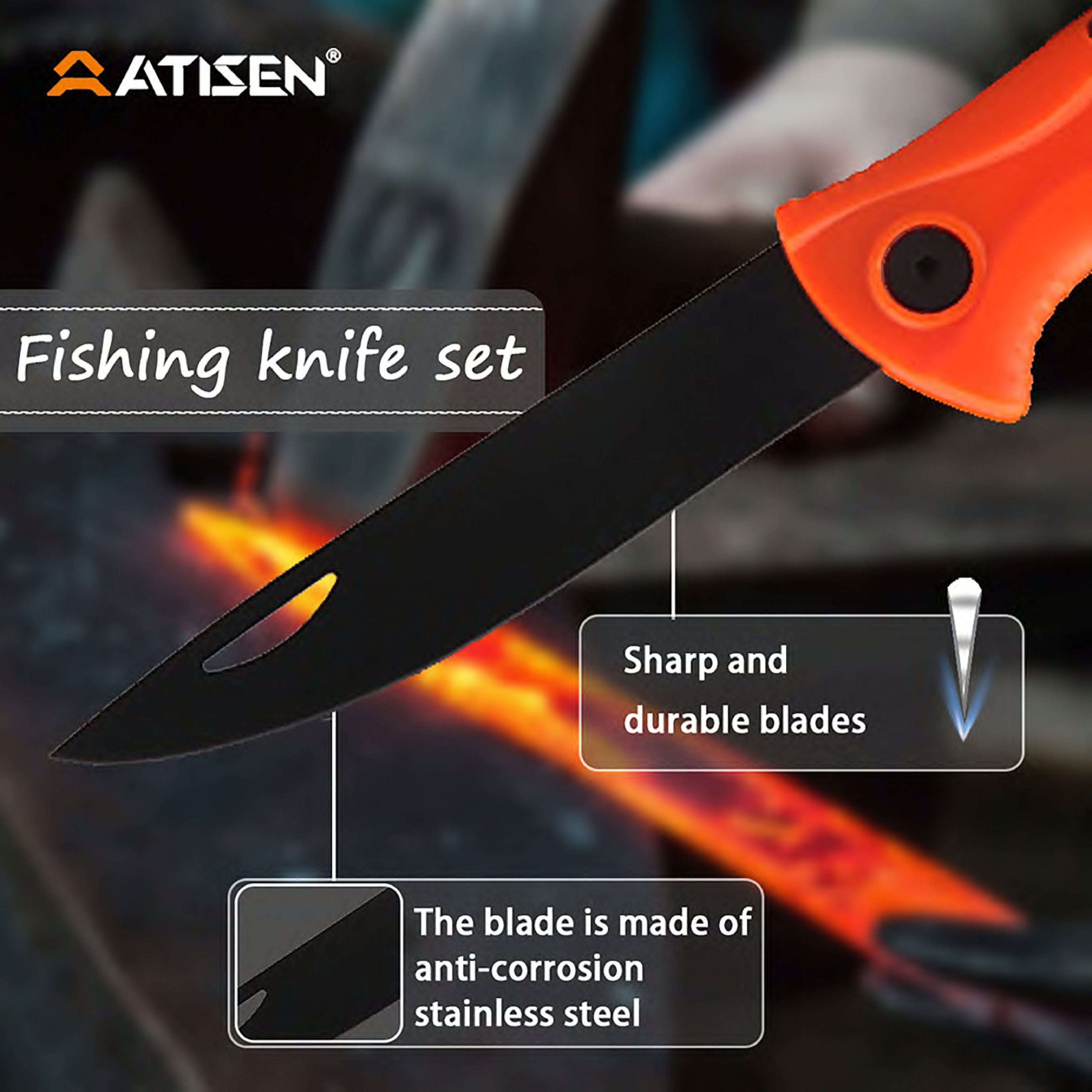Atisen fishing knife and sheath retail display bucket. Factory direct fishing tools for Canadian distributors.