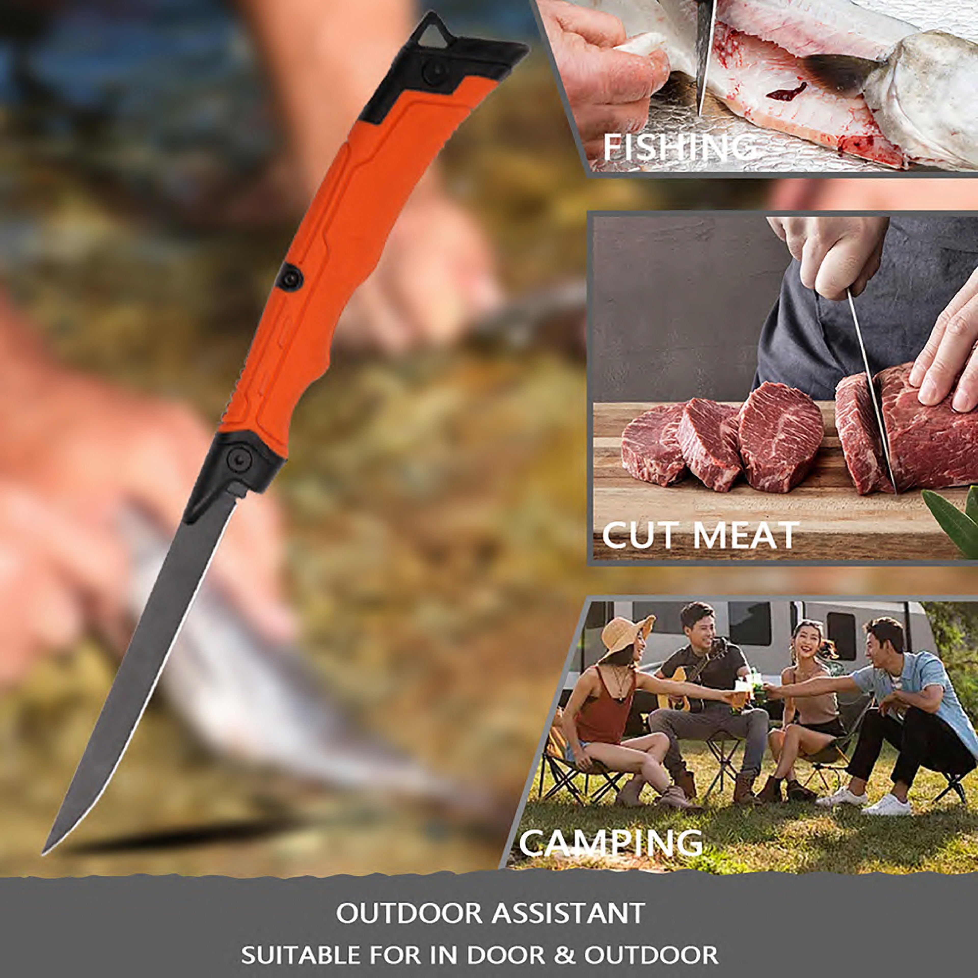 Atisen portable fishing knife and tools combo in roll-up bag. Factory direct camping and fishing gear for Canadian retailers.
