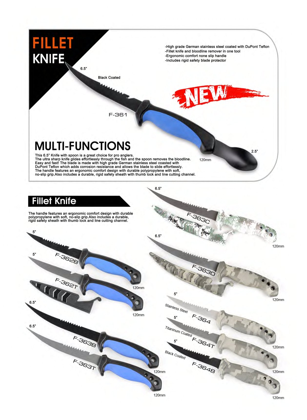 Atisen Scandinavian shape fishing knife with bi-color handle. Factory direct B2B supplier for European market.