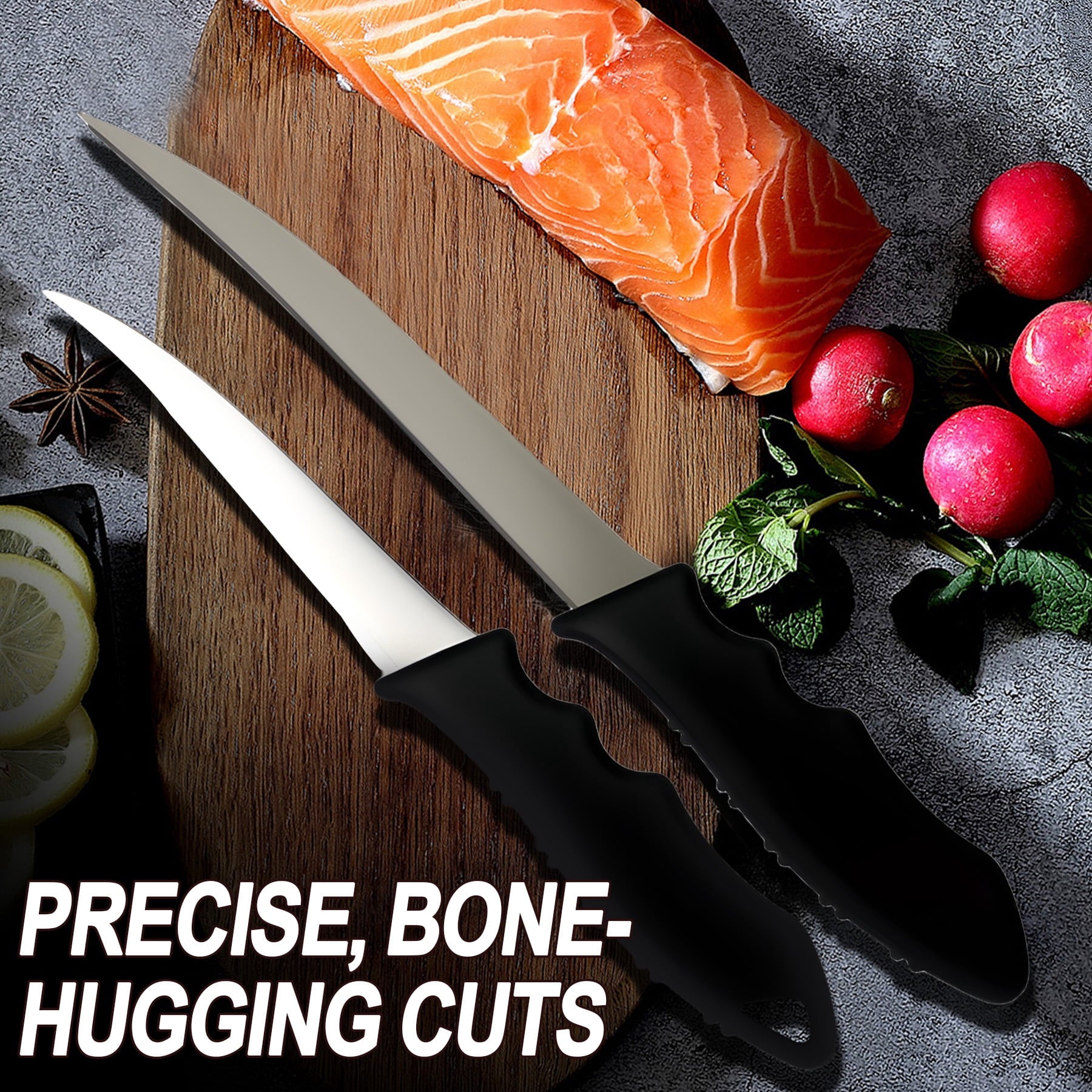 ATISEN 2-Piece Fish Fillet Knife Set, Flexible Stainless Steel Fishing Knives with Non-Slip Handles for Filleting, Boning and Fish Cleaning, Black