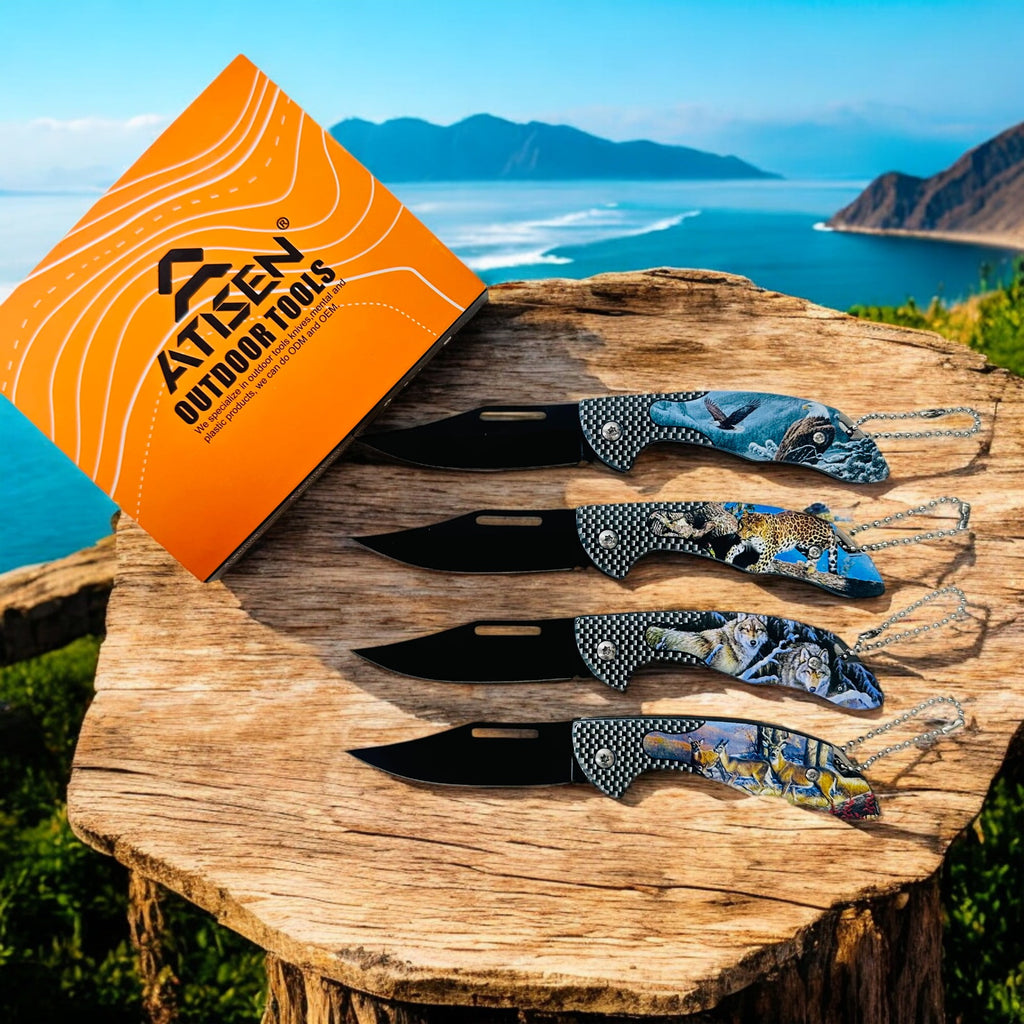 ATISEN 4-Piece Folding Pocket Knife Set, Cool Knives for Camping, Hiking, Hunting (Mixed Colors)