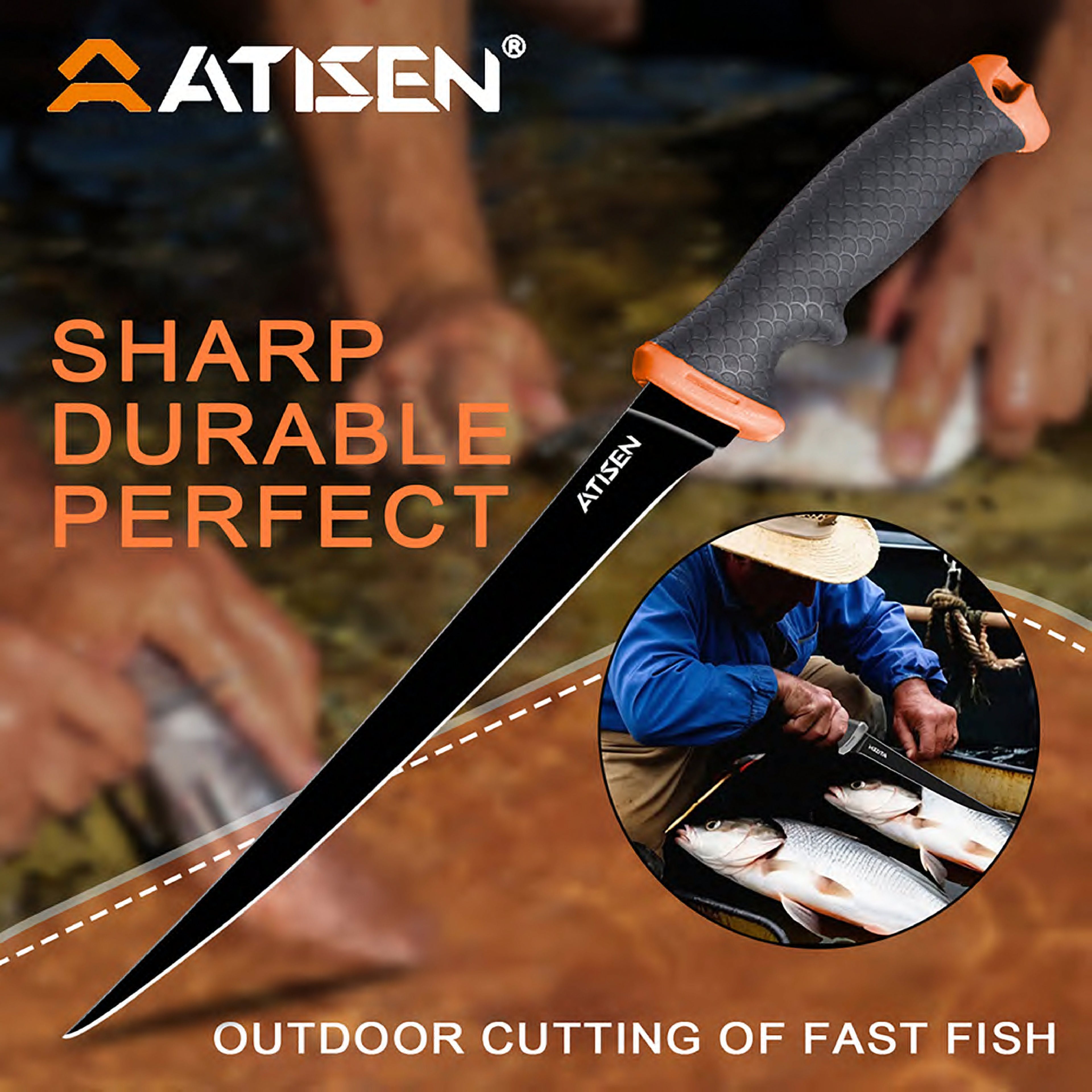 Atisen fillet knife kit with plastic cutting board and sharpener. OEM custom fishing equipment targeting Australia.