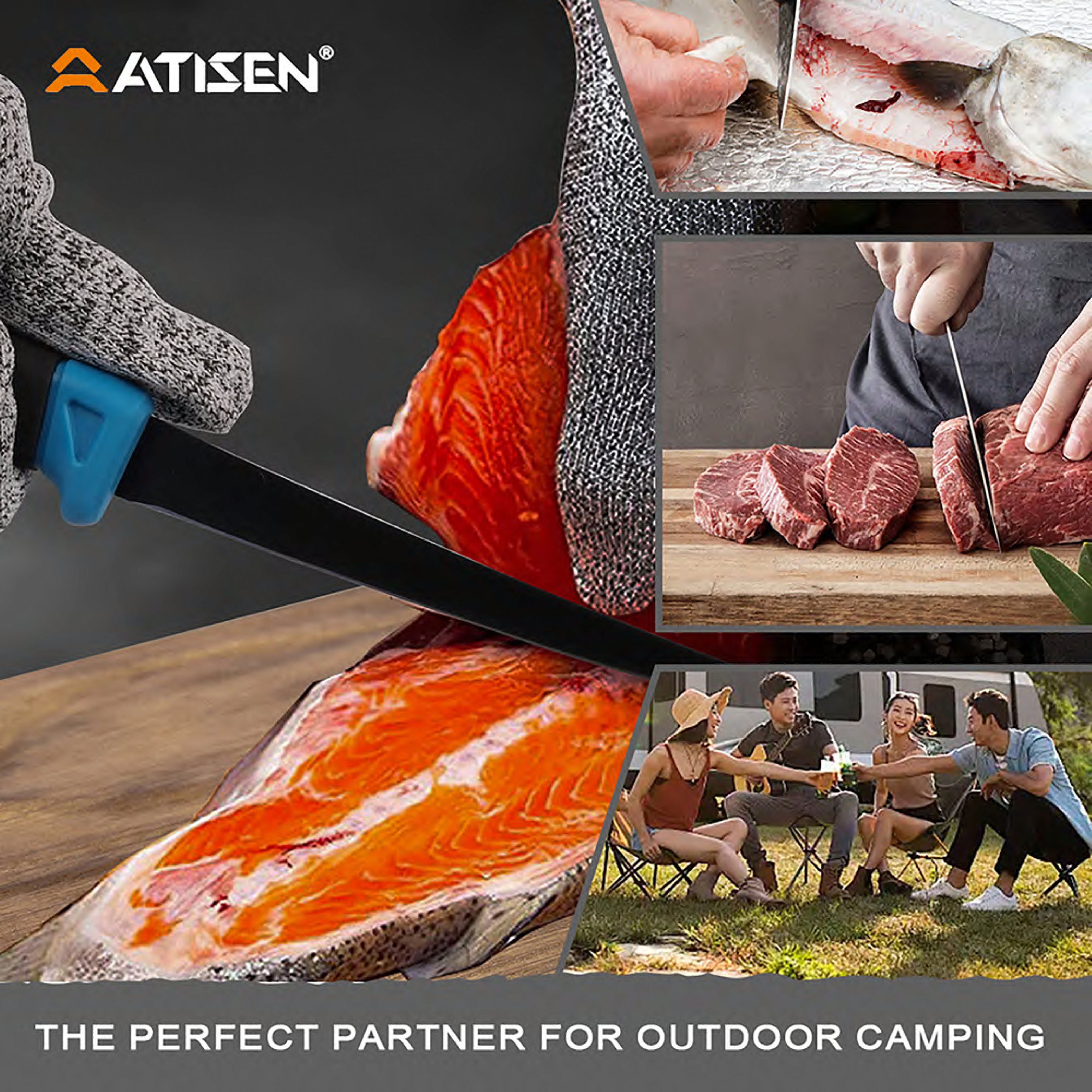 Atisen fish processing fillet knife set with cut-proof safety glove. OEM custom fishing equipment factory targeting Australia.