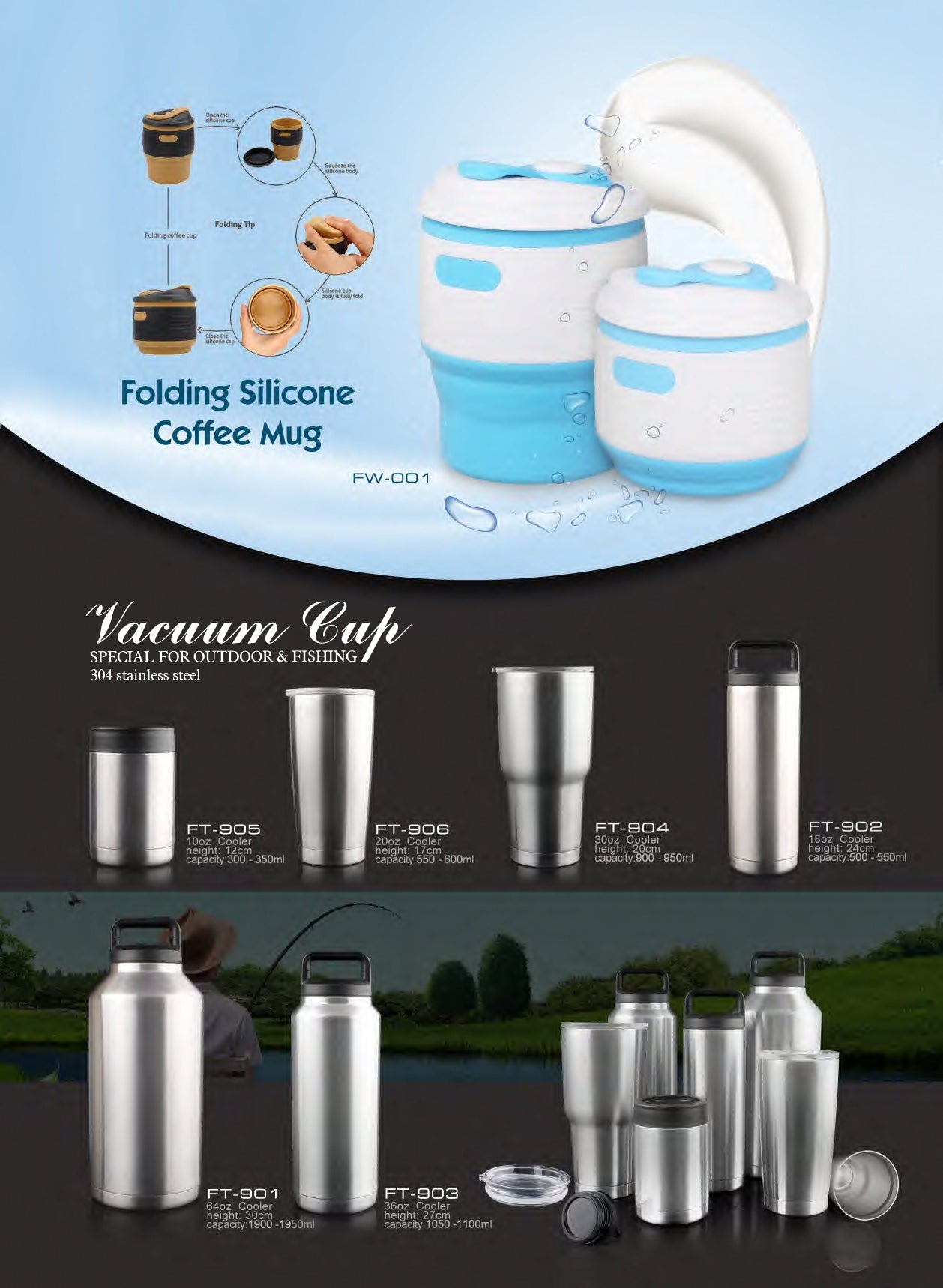 Atisen outdoor fishing drinkware collection featuring stainless steel tumblers and folding silicone mugs. Bulk supplier for Australia.