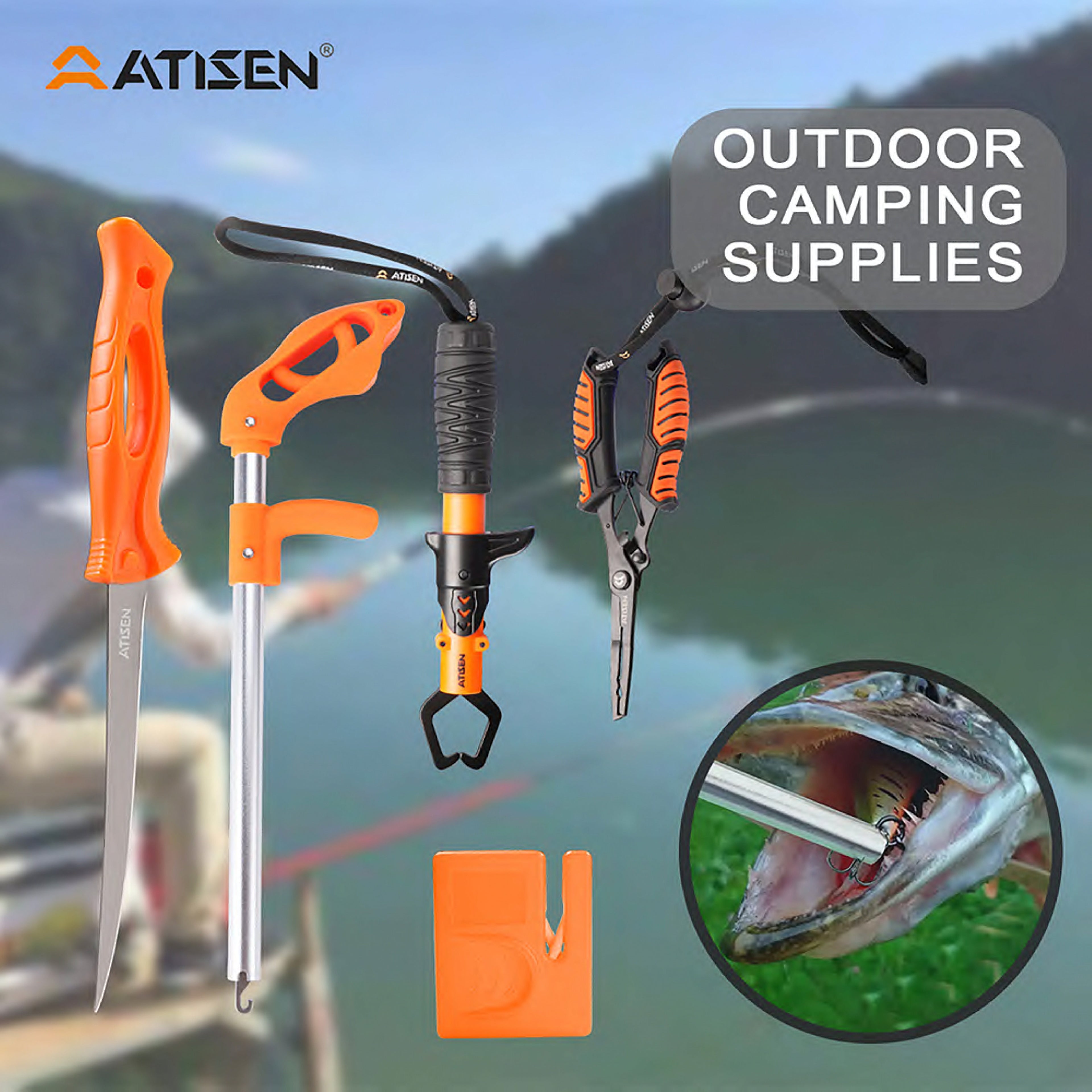 Atisen comprehensive fishing tackle and knife kit. Bulk promotional outdoor gifts supplier for Chile.