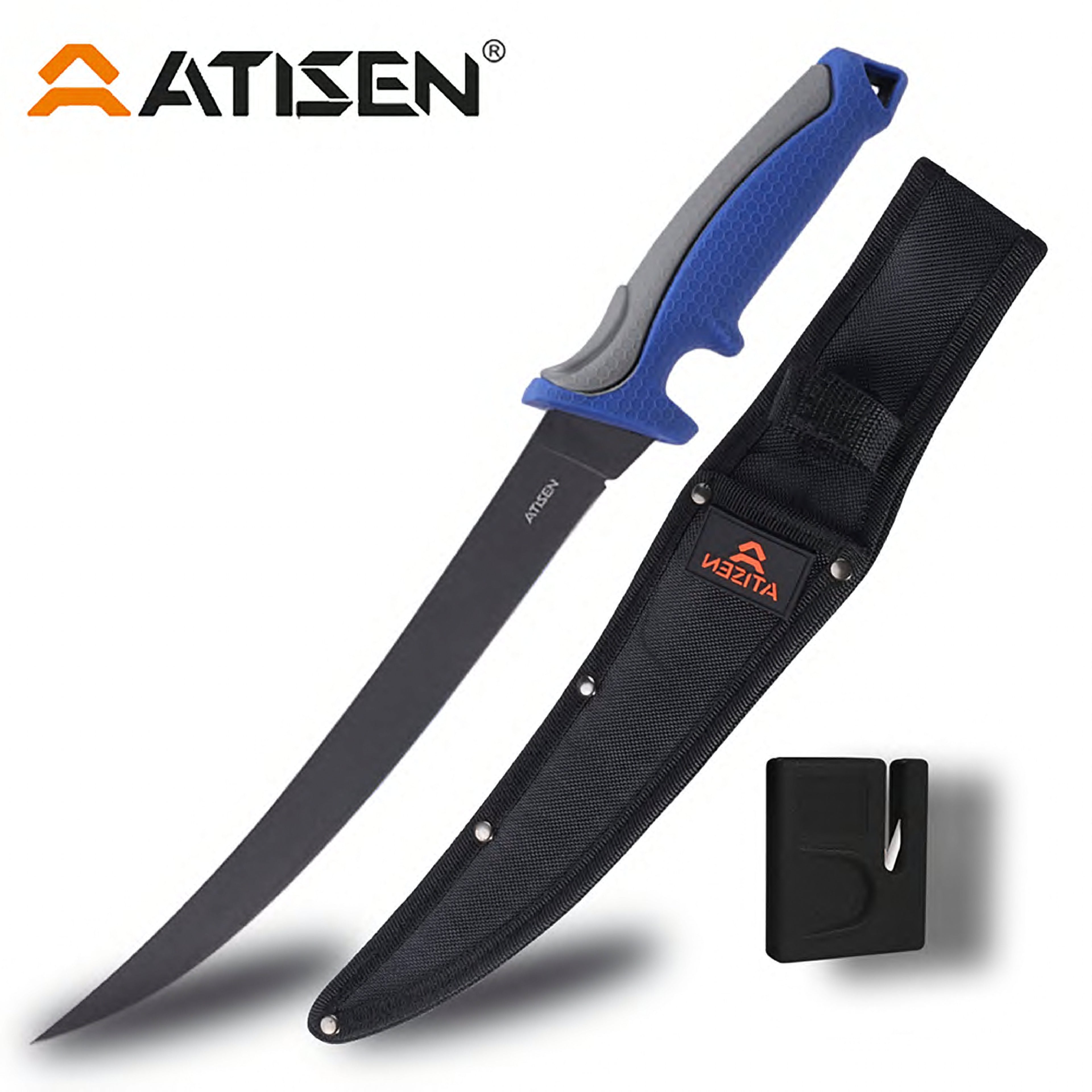 Atisen promotional fishing knife bulk display bucket. Custom outdoor tackle manufacturer for Brazil.