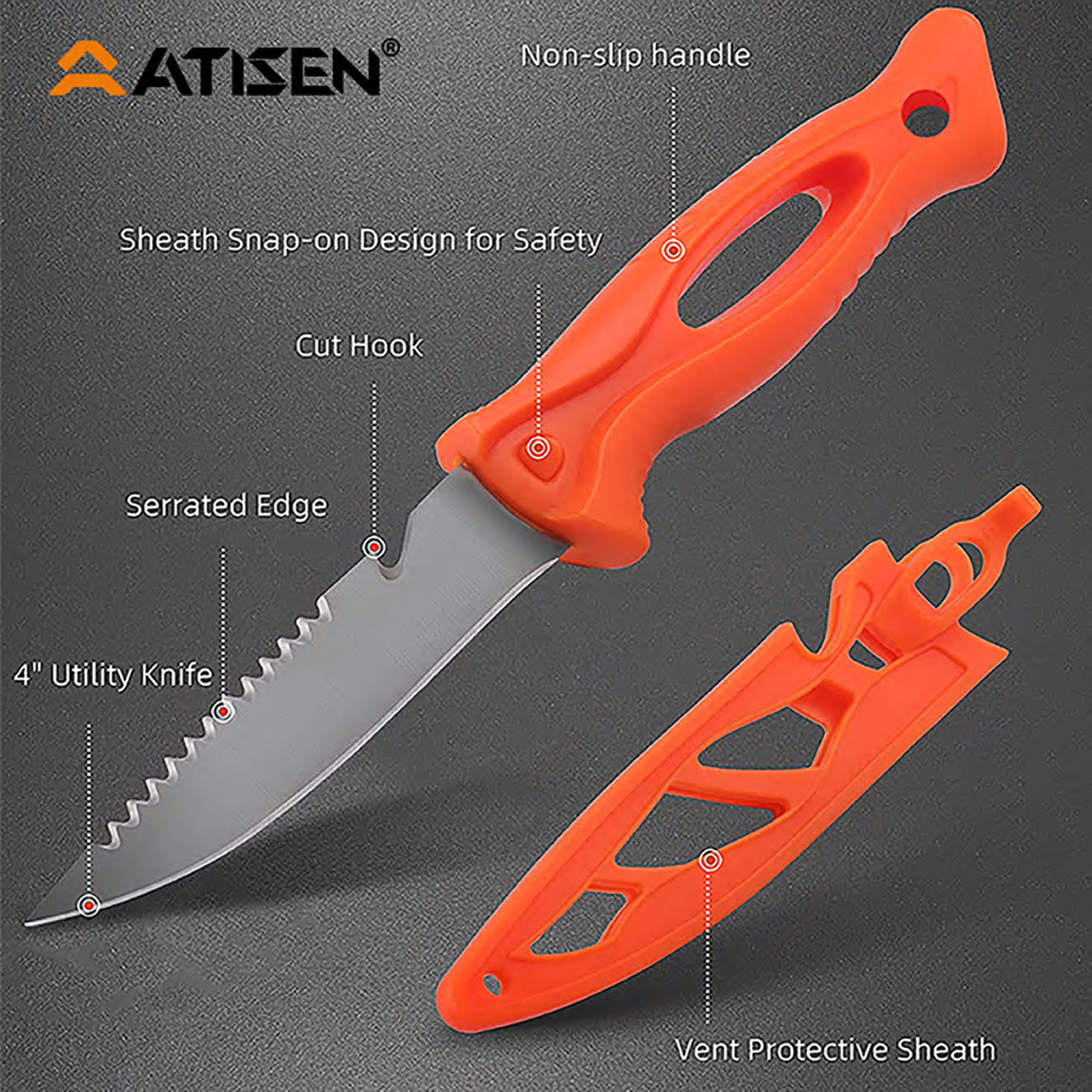 Atisen fishing knife and aluminum pliers combo set. Bulk promotional fishing survival gifts supplier for Chile.