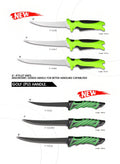 Atisen Scandinavian shape fishing knife with bi-color handle. Bulk B2B fishing tools for European retail chains.