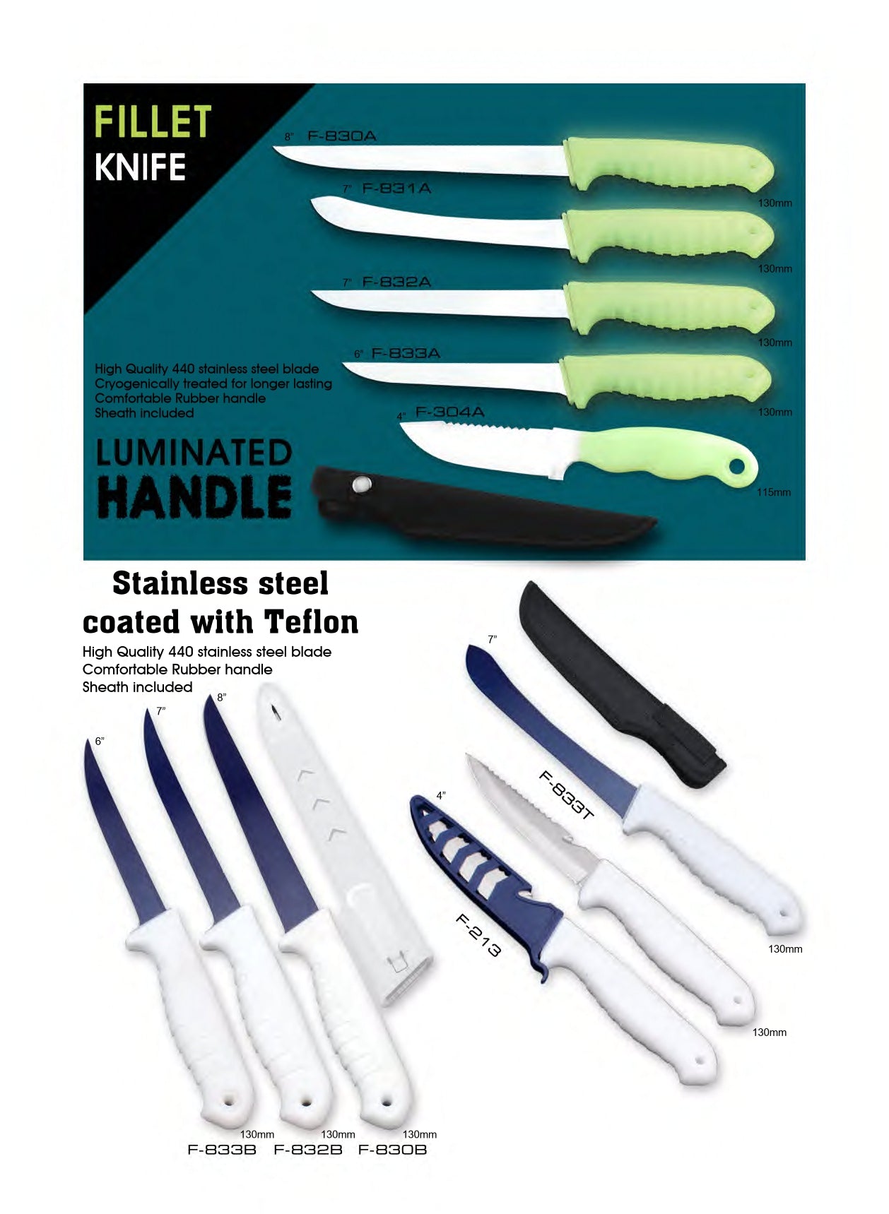 Atisen 6-inch flexible stainless steel fillet knife. Wholesale fishing tools supplier for USA distributors.