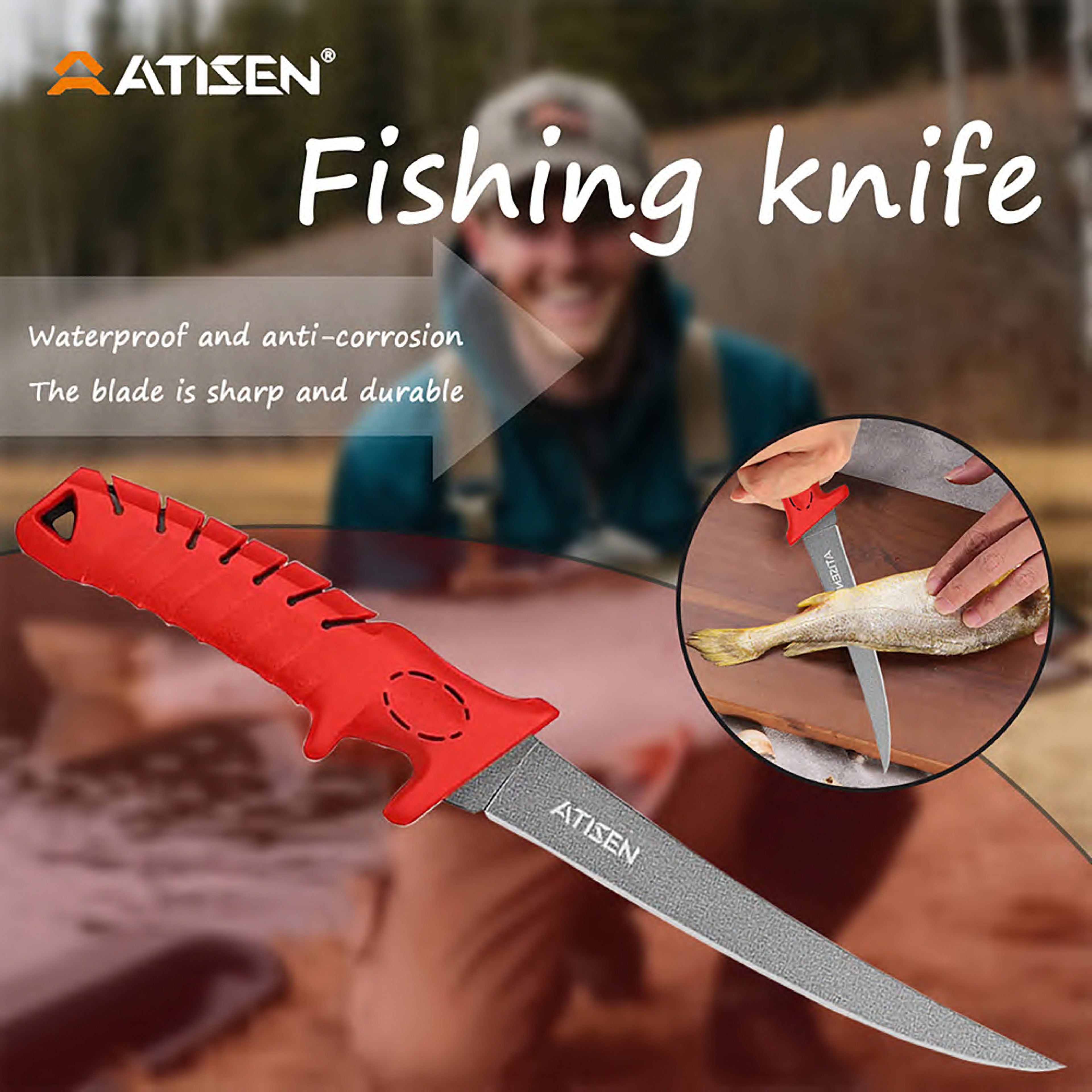 Atisen durable commercial seafood processing knife kit. Wholesale fishing industry tools manufacturer for Brazil.