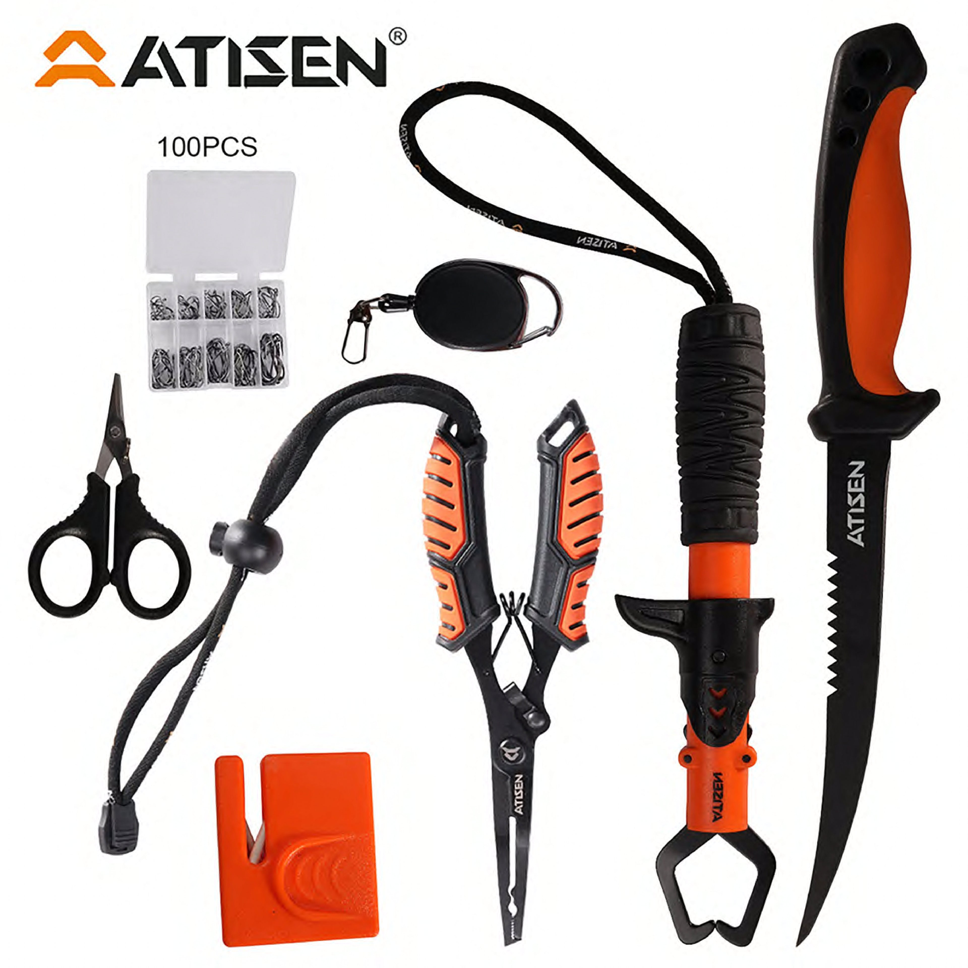 Atisen complete fishing knife bag combo ready for retail display. Wholesale marine accessories for USA Amazon sellers.