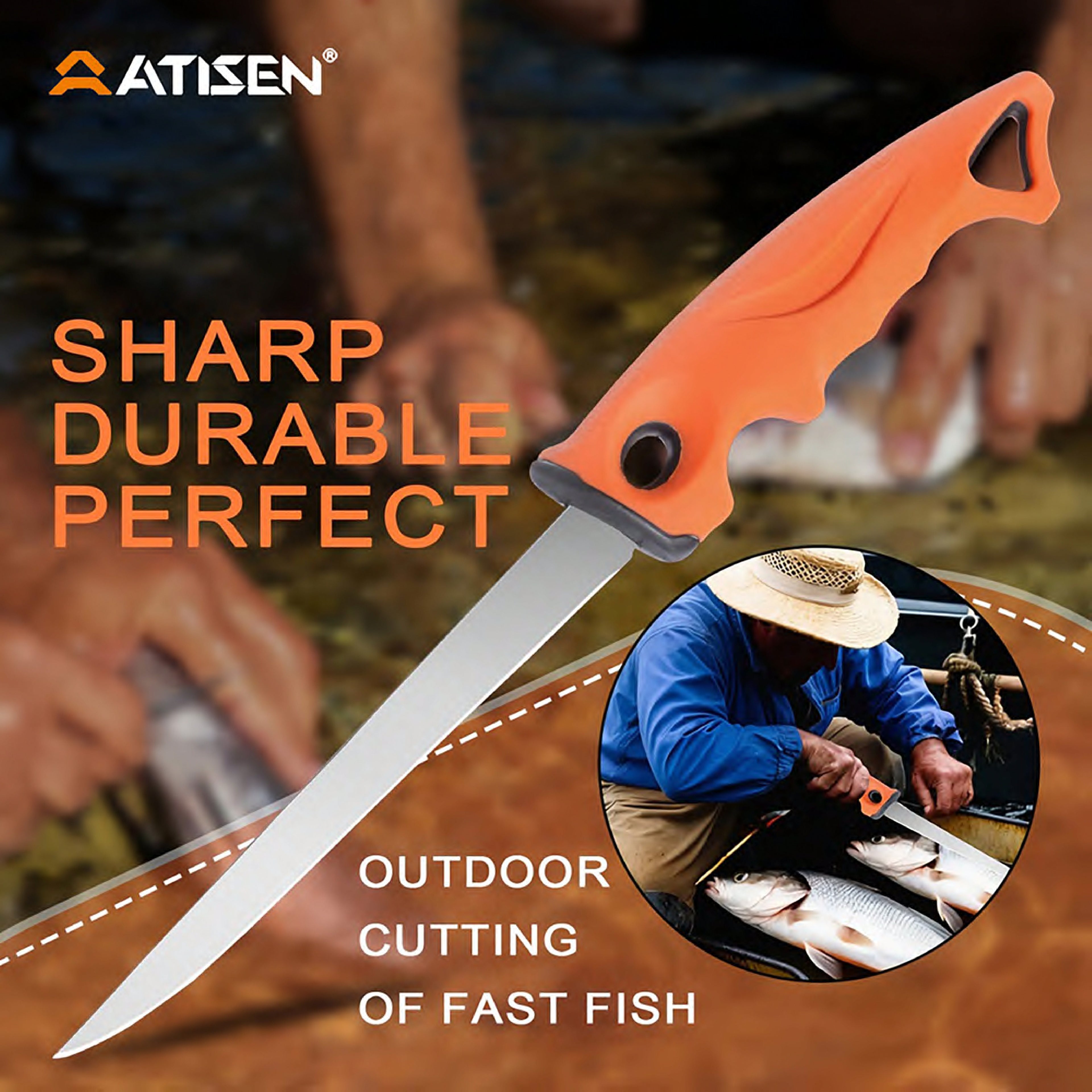Atisen fishing knife set in high-capacity retail display tub. Wholesale marine and fishing tools supplier for Canadian hardware stores.