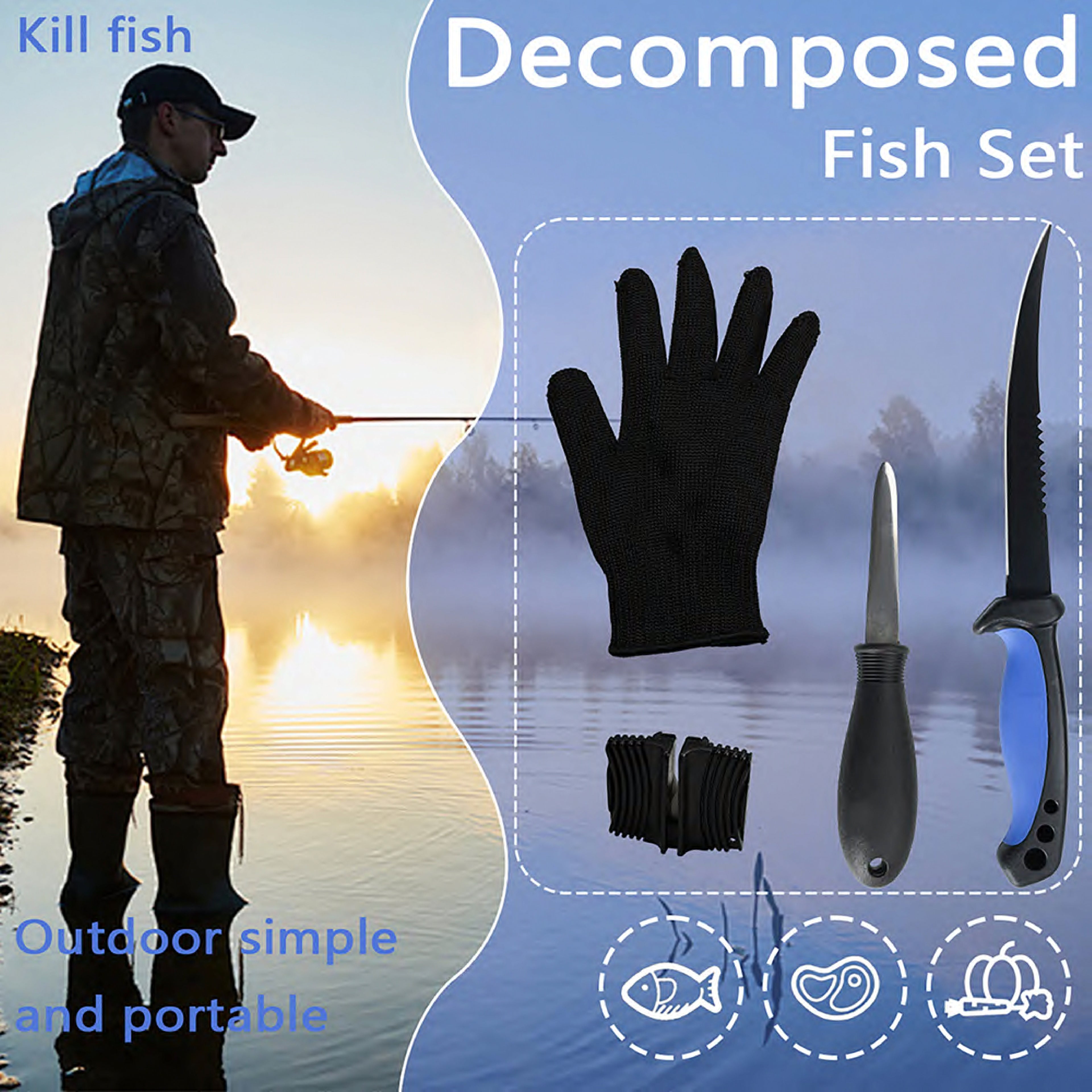 Atisen fishing knife kit in transparent box with sharpener. Wholesale tackle supplier for USA distributors.