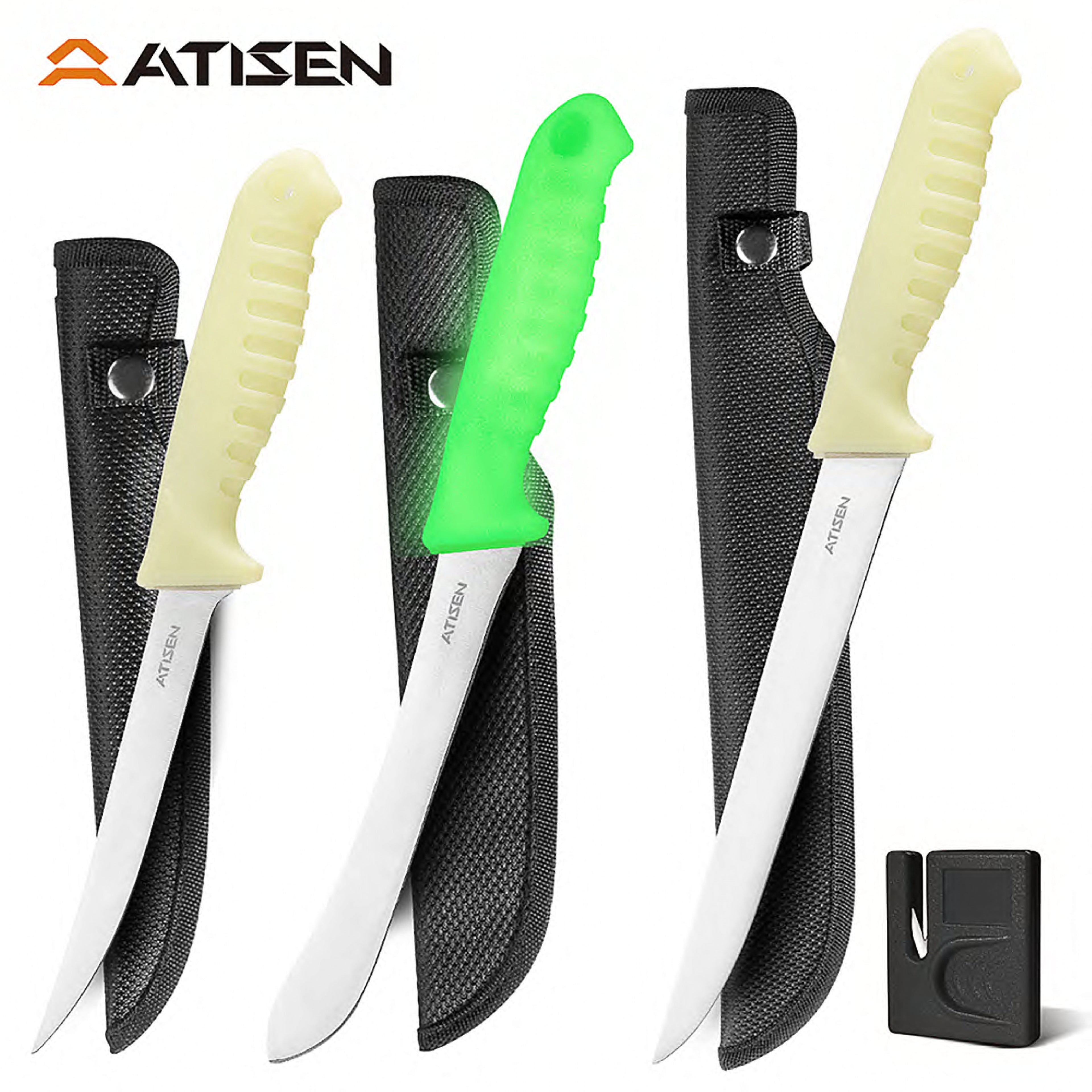 Atisen night fishing knife combo with aluminum LED torch. Wholesale camping and fishing supplies for USA Amazon sellers.
