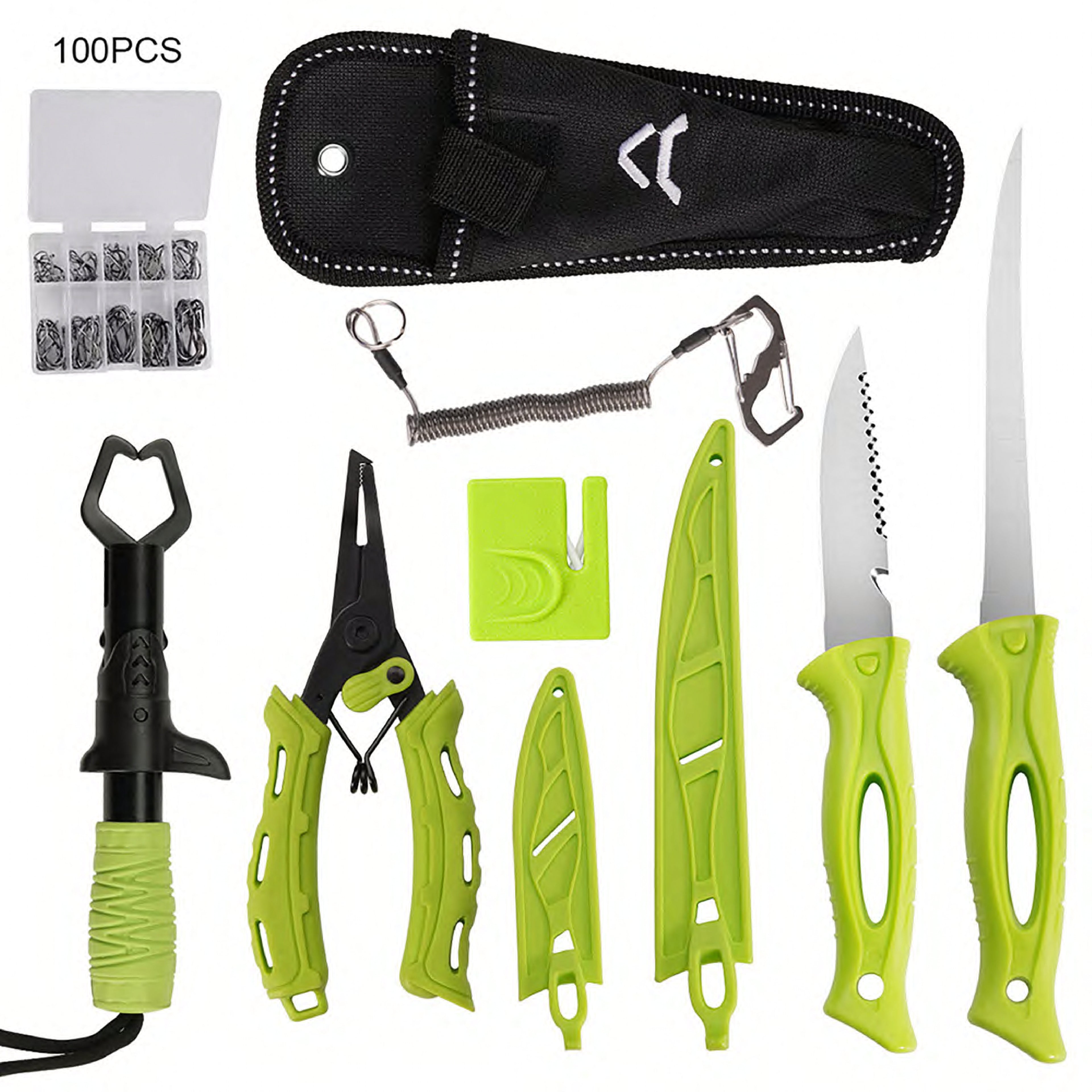 Atisen portable fishing knife combo in canvas roll bag. Wholesale camping and fishing gear for Brazil.